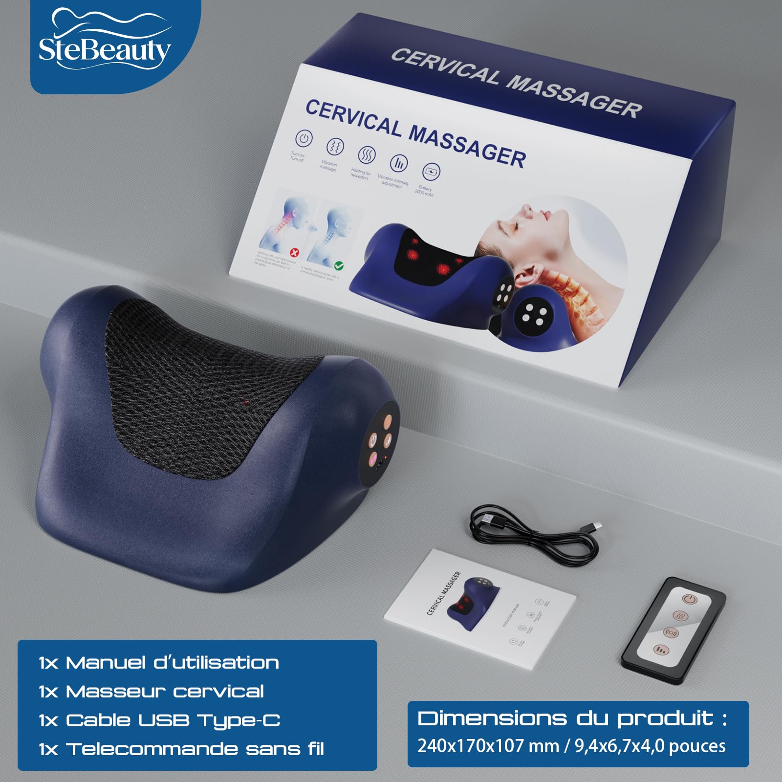 SteBeauty Masseur Cervical avec Chaleur 3 Températures (41-45°C), 3 Modes Vibration Sans Fil Forme Ergonomique en U Soulage Douleurs Cervicales, Épaules et Dos Cadeau Homme Femme