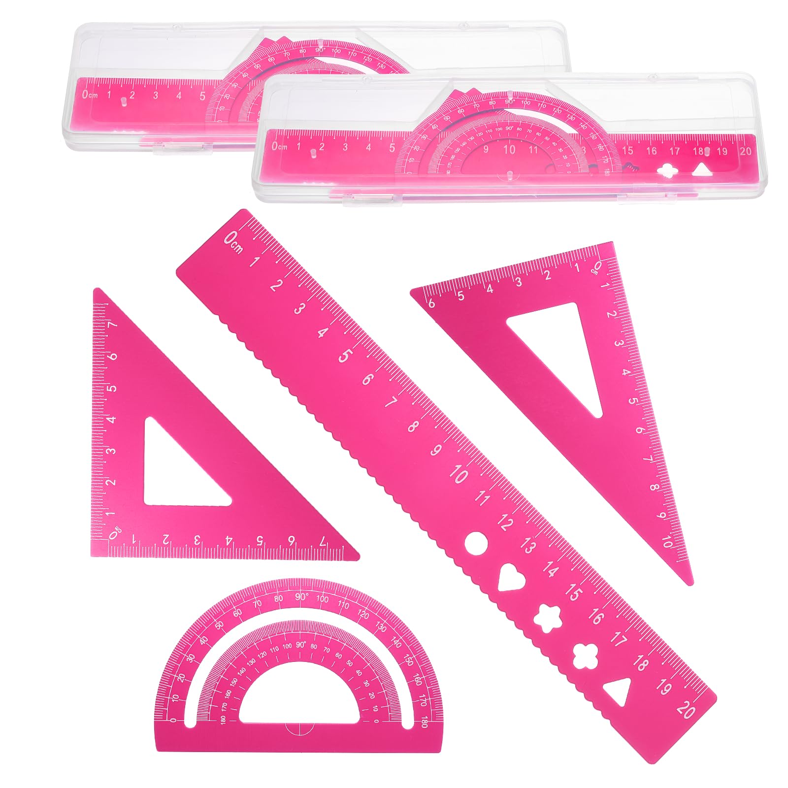 PATIKIL 8 Pcs Geometry Drafting Tool, Aluminum Alloy Geometry Kit Math Tool Includes 20cm L Ruler Protractor Triangles for Drafting Angle Measure Simple Science Experiment, Pink