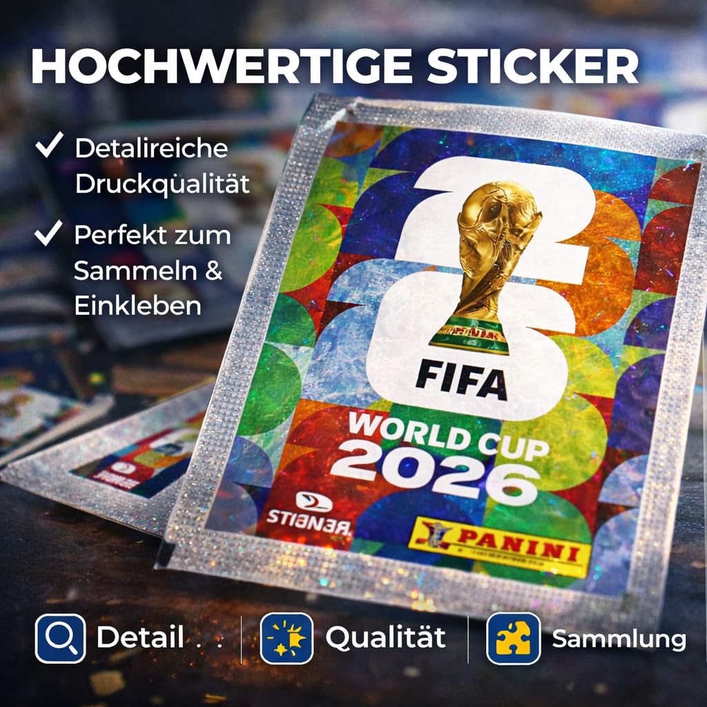 XXL Fan Starterset WM 2026 – Original Panini Sticker Album, Extra 1x Spielplan & Deutschland Blumenkette (10 Tüten / 70 Sticker Set) Eigenmarkenbundle
