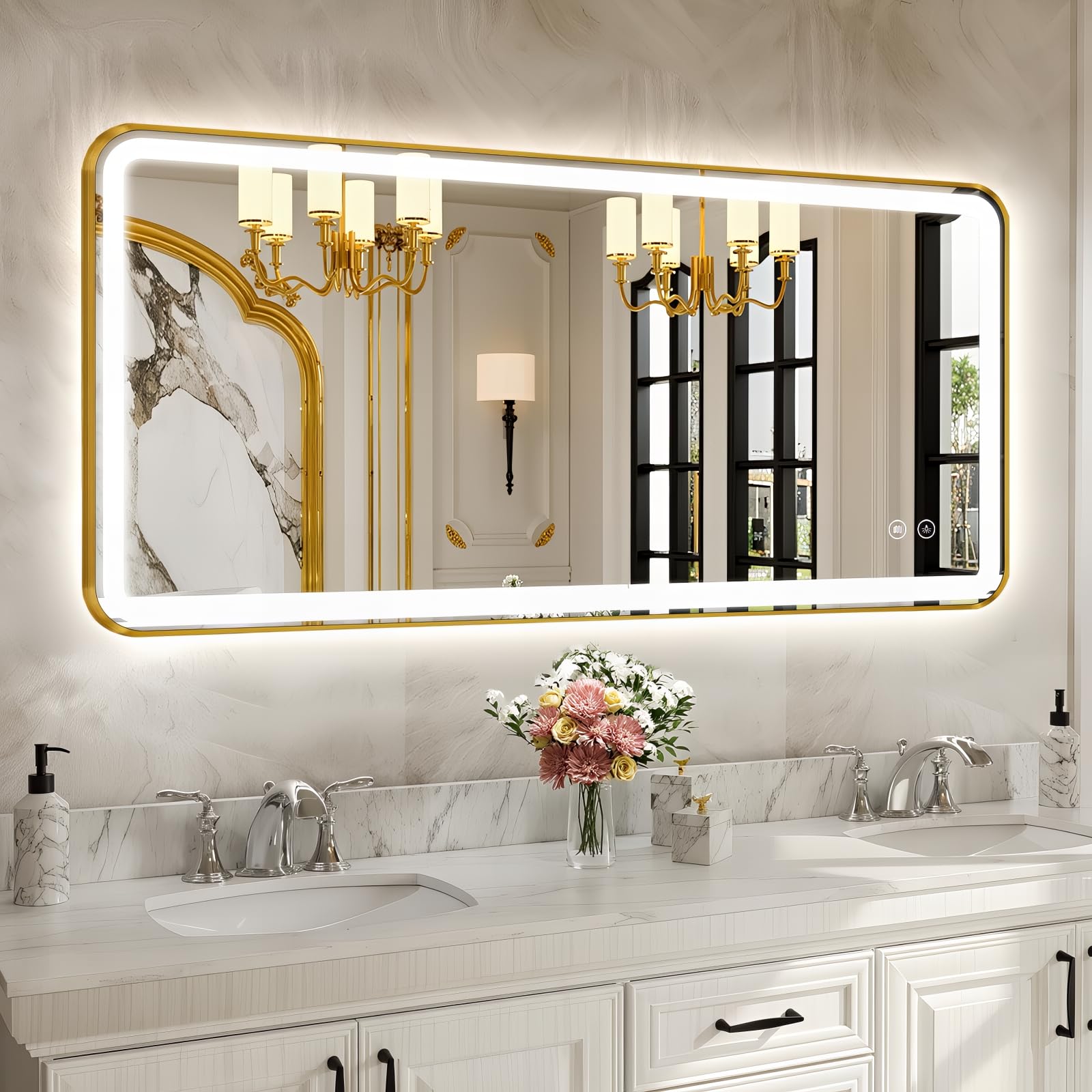 48"x24" Lighted Vanity Mirror with Lights, Gold Metal Frame Led Mirror for Bathroom, Anti-Fog Wall Mirror with Front and Backlit, Shatterproof, 3 Colors Stepless Dimmable, Horizontal/Vertical
