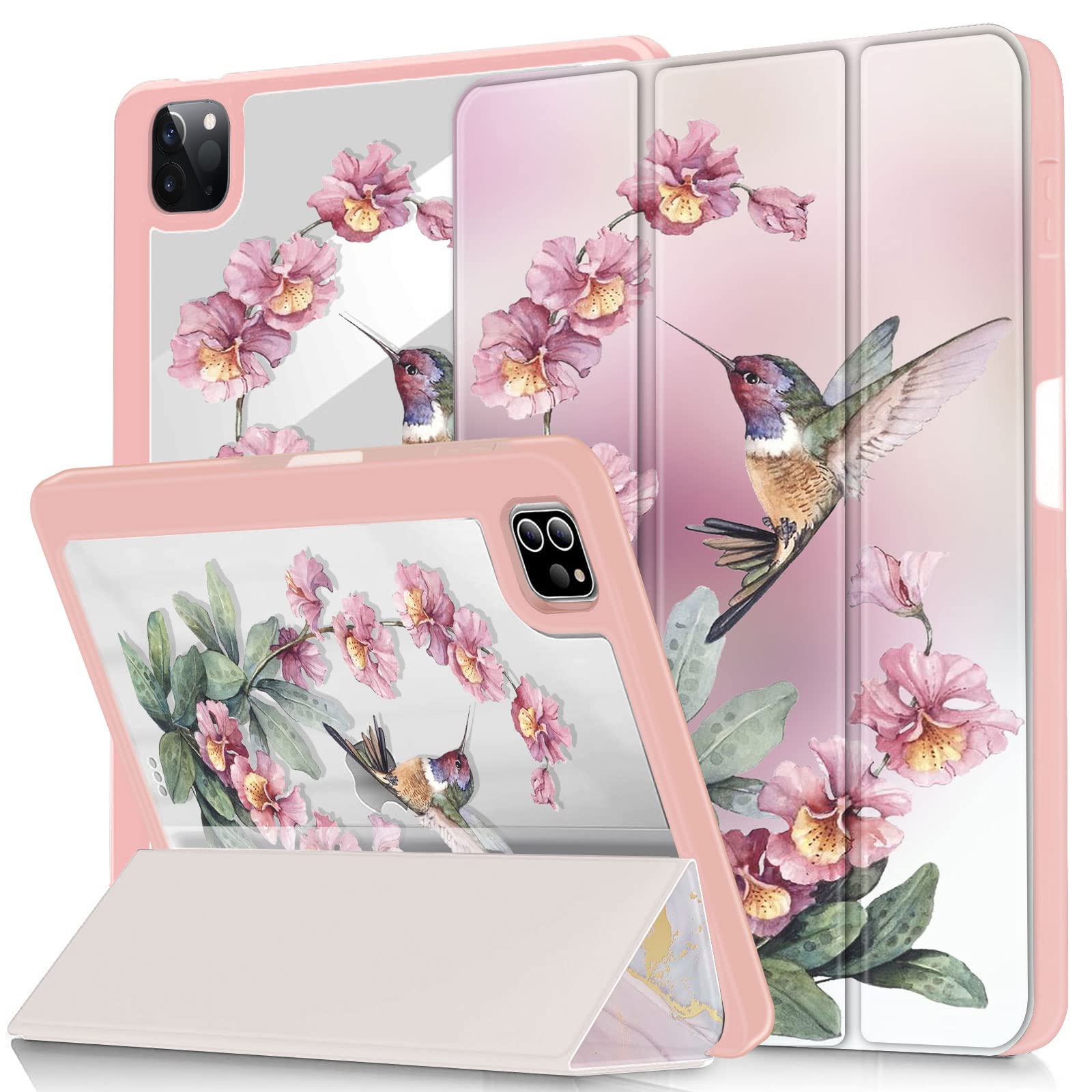 for iPad Air 5th/ 4th Generation Case 10.9 Inch (2022/2020),iPad Pro 11 Inch Case with Pencil Holder, Auto Wake/Sleep, Trifold Stand Smart Case with Clear Transparent Back(Flower Hummingbird)