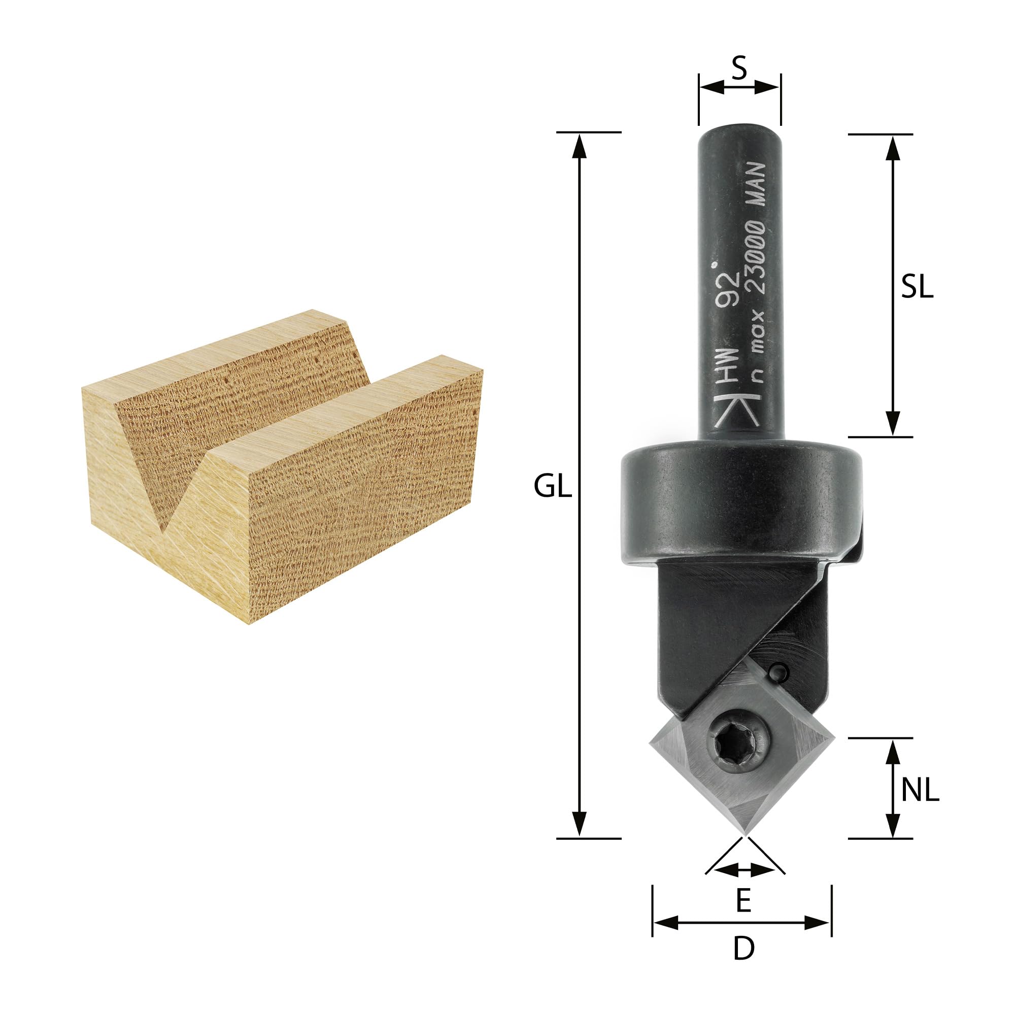 ENT 20300 Frez do rowków V w wegliku, trzpien (S) 8 mm, srednica (D) 17 mm, NL 8,3 mm, E 90°, Z1, GL 63 mm