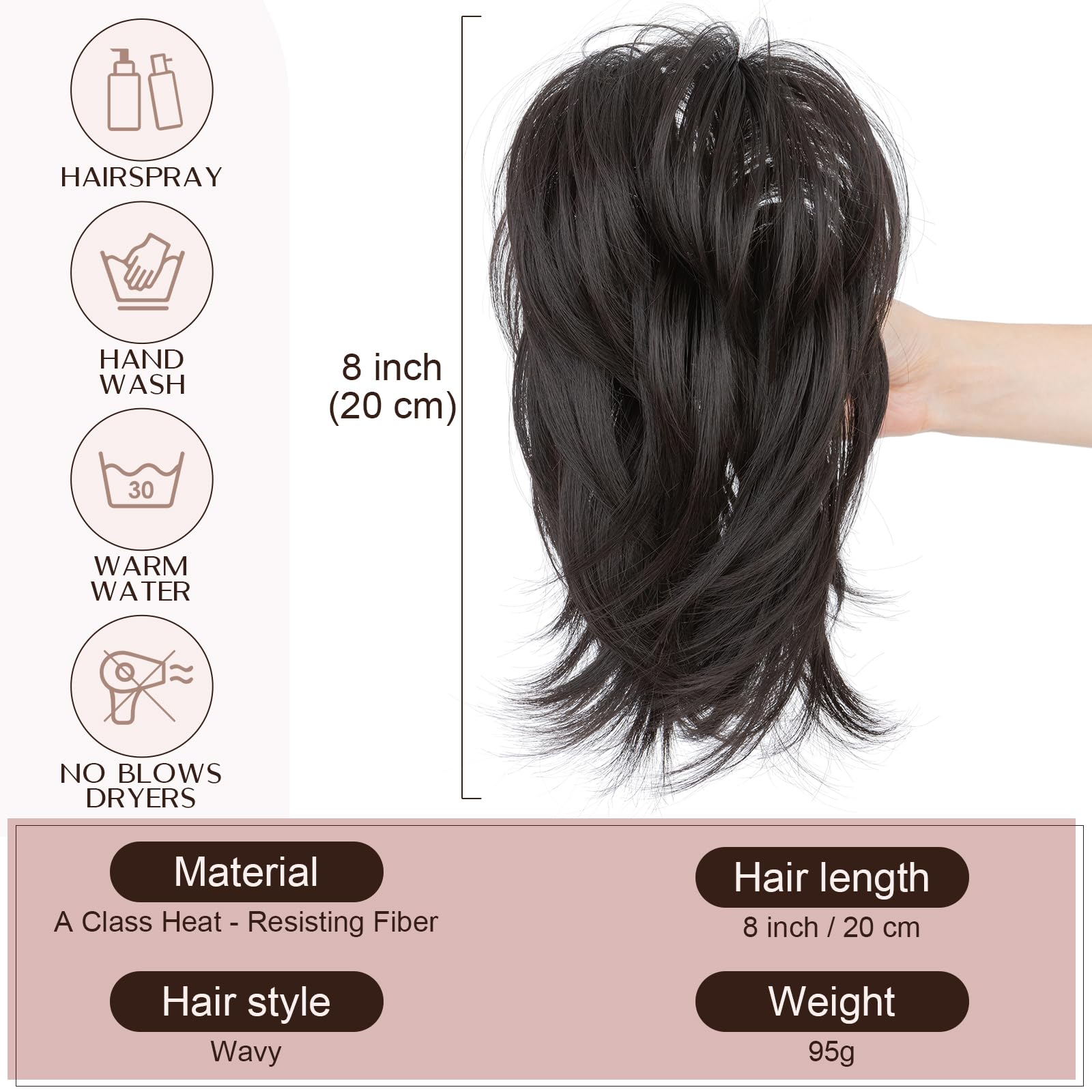 SEGO Messy Bendable Claw on Ponytail Hairpiece Synthetic Fluffy Hair Extension Clip in Jaw with 4 Bendable Metals, Dark Brown - Image 3