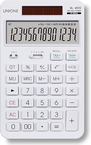 Calculadora blanca de escritorio de 14 dígitos con una pantalla LCD brillante, escritorio portátil de doble potencia. Color. Negocios, oficina,