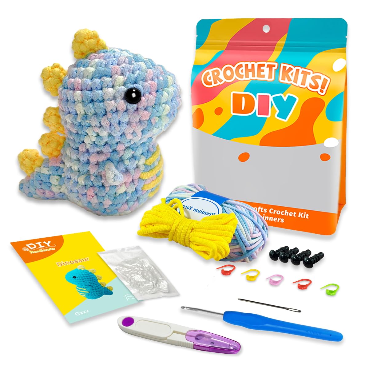 Jeslon Beginners Crochet Kits - Knitting kit with Easy Colorful Yarn with Step-by-Step Video Tutorials - Ideal Creative DIY Gift for Adult Kids - Complete Learning Experience - Blue Dinosaur