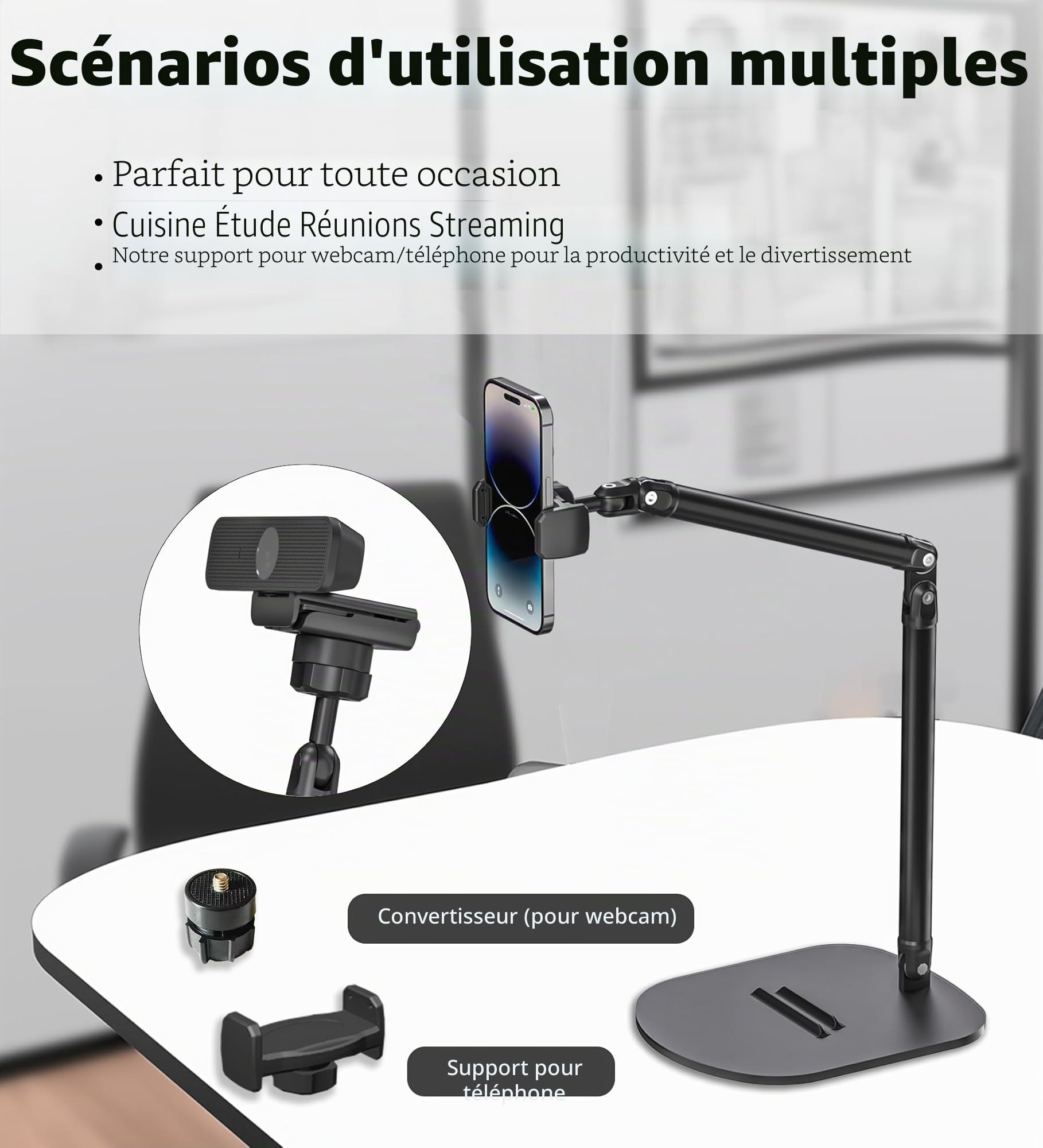 Support réglable pour webcam et téléphone – Double support pour téléphone et tablette, bureau robuste, hauteur et angle flexibles, construction en aluminium durable