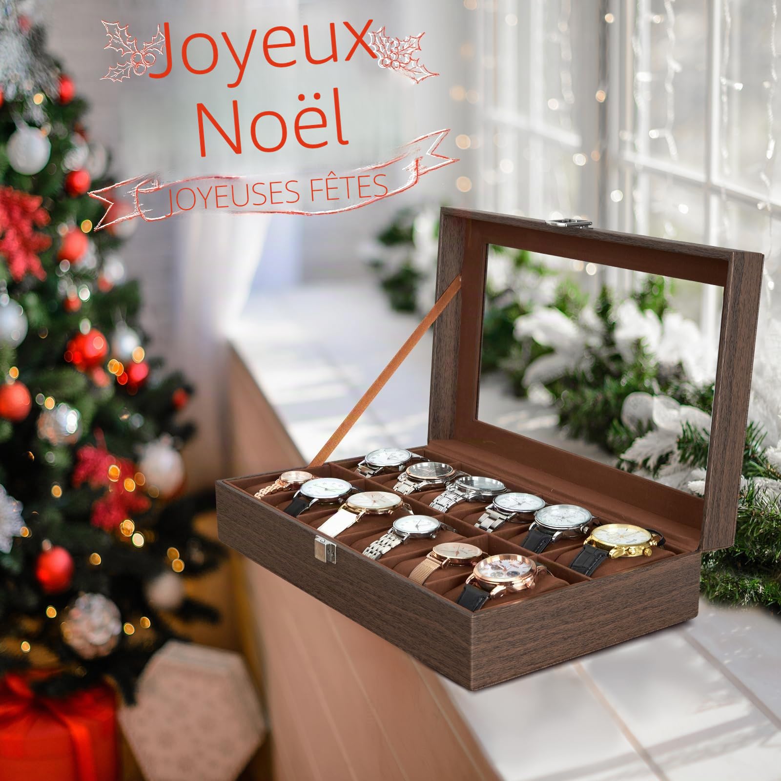 Ohuhu Boîte à Montres à 12 Emplacements, Coffret à Montres avec Couvercle en Verre et Coussins Amovibles en Velours, Boite a Montre Homme, Cadeau pour Anniversaire Fête des Pères Noël
