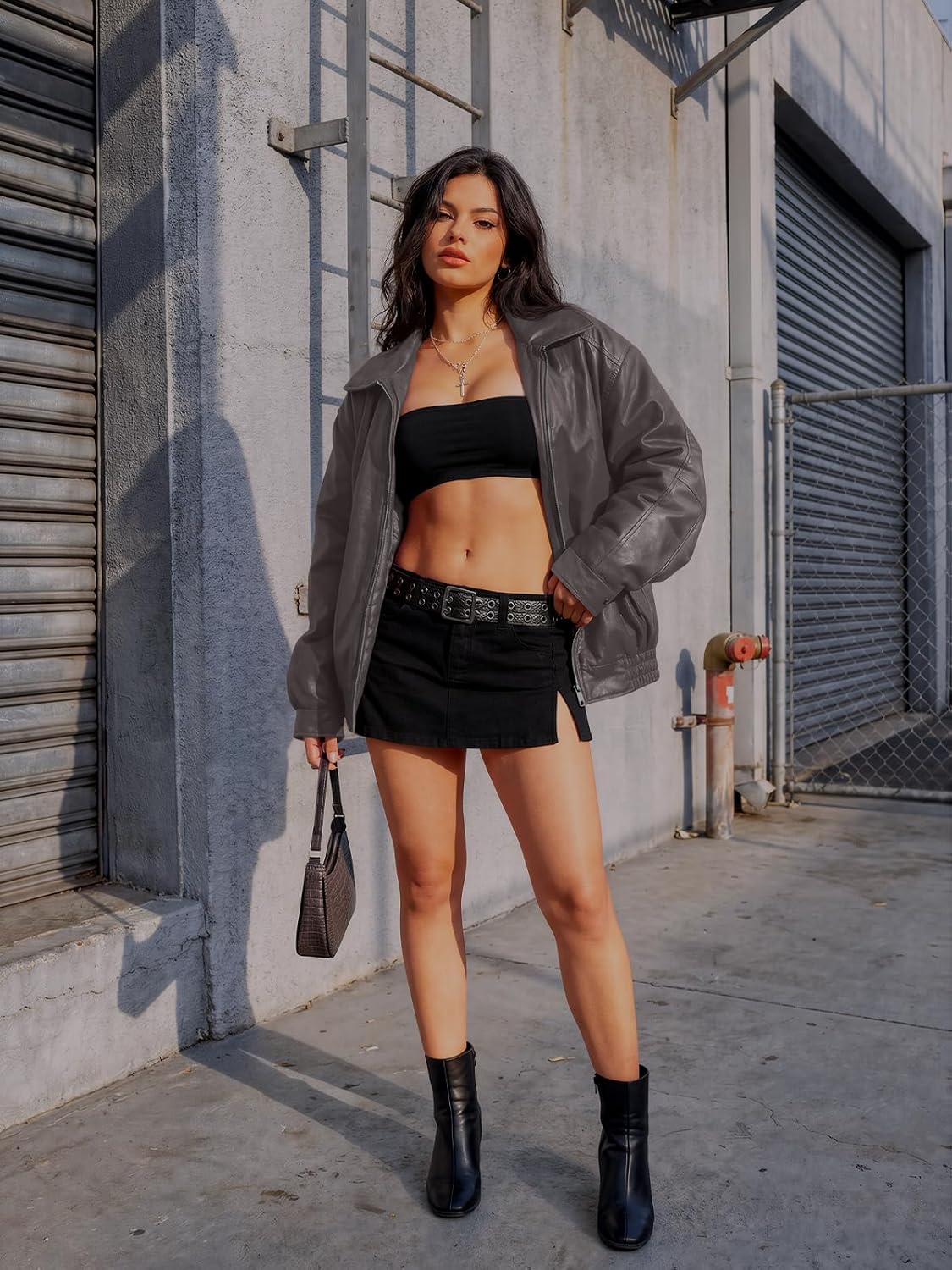  Women's Oversized Faux Leather Jacket for Fall and Winter | Boyfriend Biker Moto Coat, Medium weight Fall Bomber Jackets, Winter Outerwear thumbnail