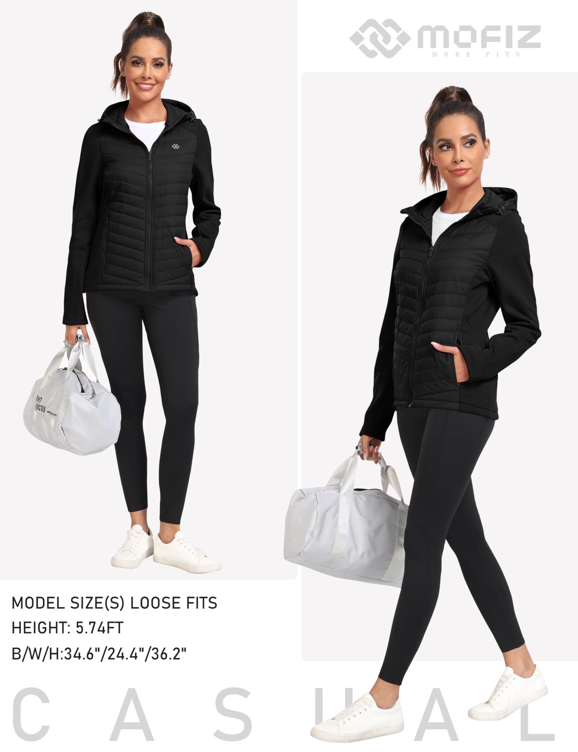 MoFiz Chaqueta de forro polar para mujer, con capucha, ligera, aislante, híbrida, con cremallera completa, abrigo para correr