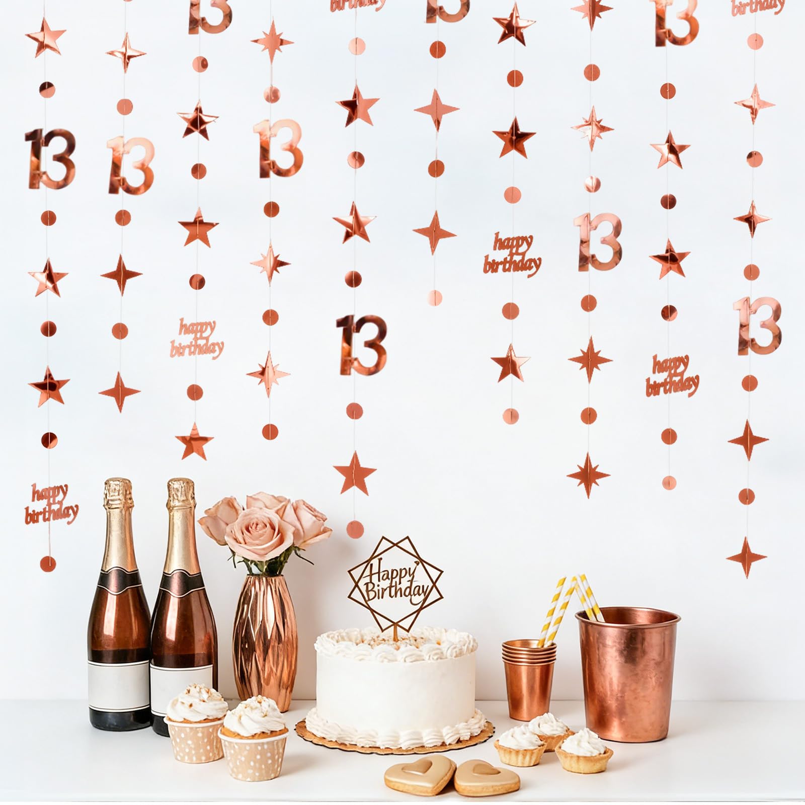 G2PLUS 13th Birthday Paper Garland: 4PCS Rose Gold Hanging Paper Garland, 14m Backdrop Streamers, Hanging Party Decorations for 13th Birthday