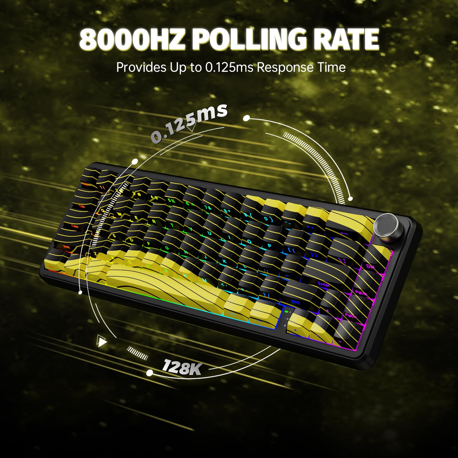 ATTACK SHARK X65PRO HE Teclado Gaming Inalámbrico Rapid Trigger 60%, Precisión RT 0,01mm, 8000Hz, Interruptor Magnético, Actuación Ajustable, Iluminación RGB, Perilla Metálica, para PC/Mac, Amarillo