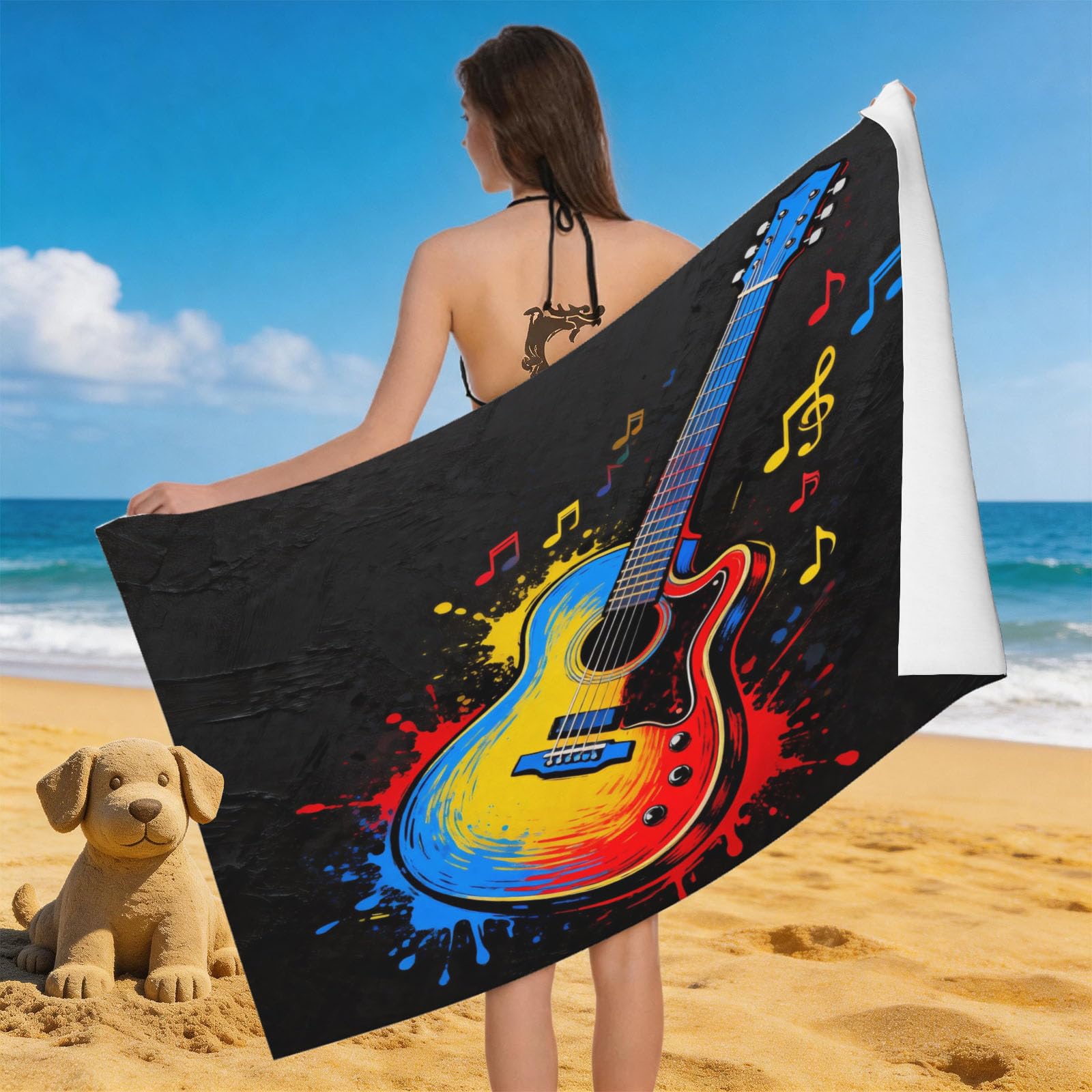 Leichong 3D Colorful Guitar Beach Towel Microfiber Soft Quick Dry for Adults, Splash Ink Style Bath Towel Lightweight Soft Absorbent for Travel Swimming Pool Sports, 75 x 150 cm