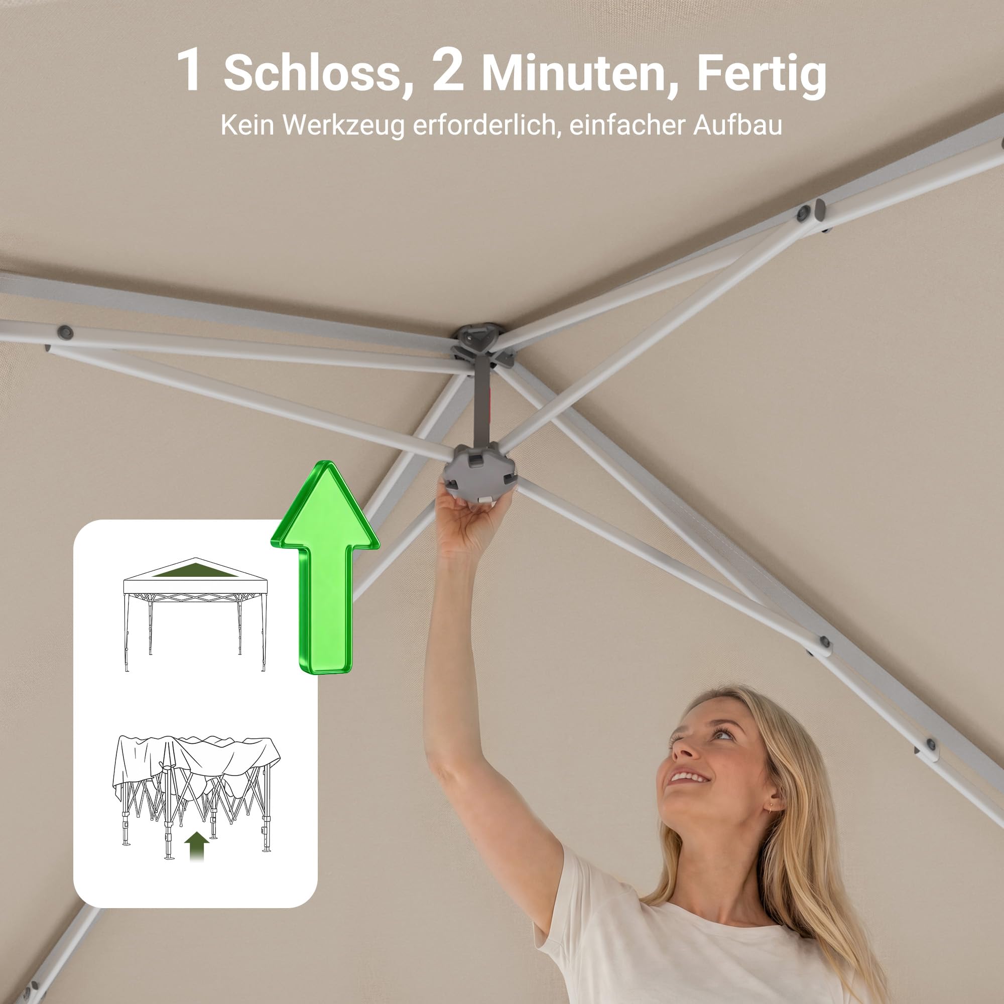 JUMMICO 3x3m Faltpavillon mit Insektenschutz & Belüftung｜Rollos + Lüftungsfenster｜1-Minuten Schnellaufbau｜10cm höhere Dachfläche,Beige