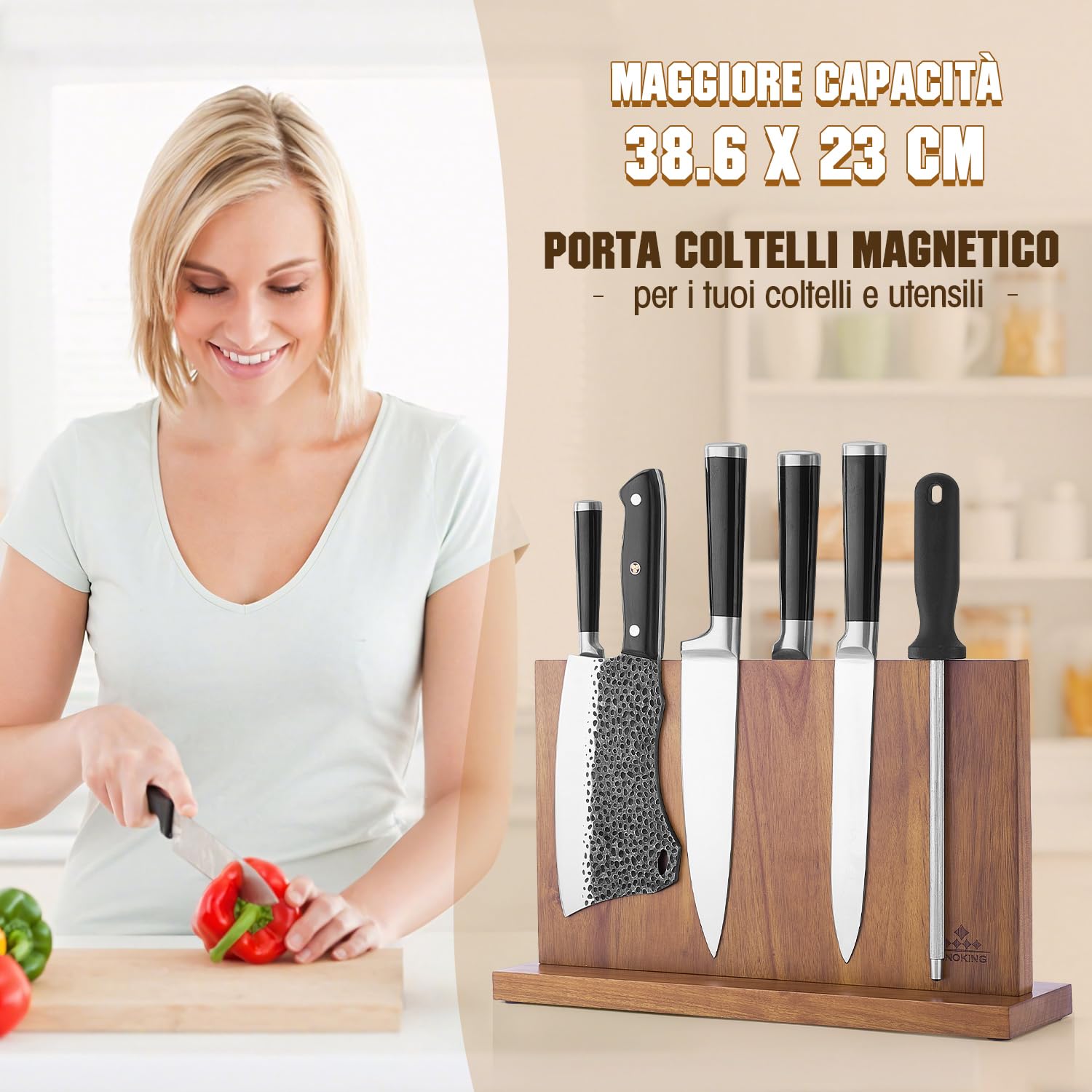 ENOKING Grand Porta Coltelli Cucina 38,6 x 23 cm, Portacoltelli da Cucina Doppio Lato Magnetico, Ceppo Coltelli da Cucina Vuoto, Ceppo Portacoltelli Premium Magnetico Senza Coltelli - Acacia