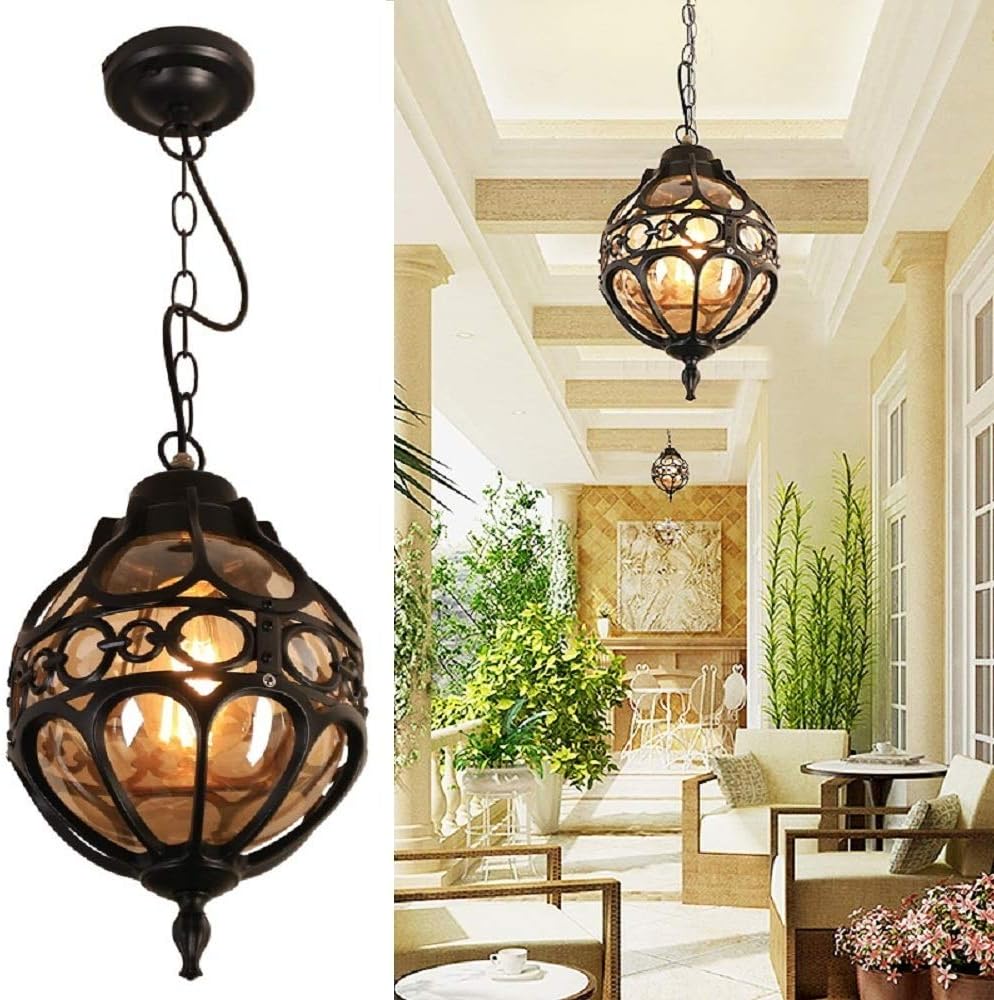 Outdoor Pendant Light Fixtures, Farmhouse Indoor Ceiling Hanging Porch Lantern in Black Metal with Amber Clear Glass, Height Adjustable Exterior Lantern for Kitchen, Entryway, Patio (Small)