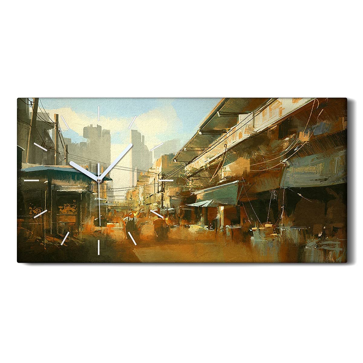 Horloge sur Toile Peinture Marché de Rue Décoration Murale Salon Moderne Silencieuse 60x30