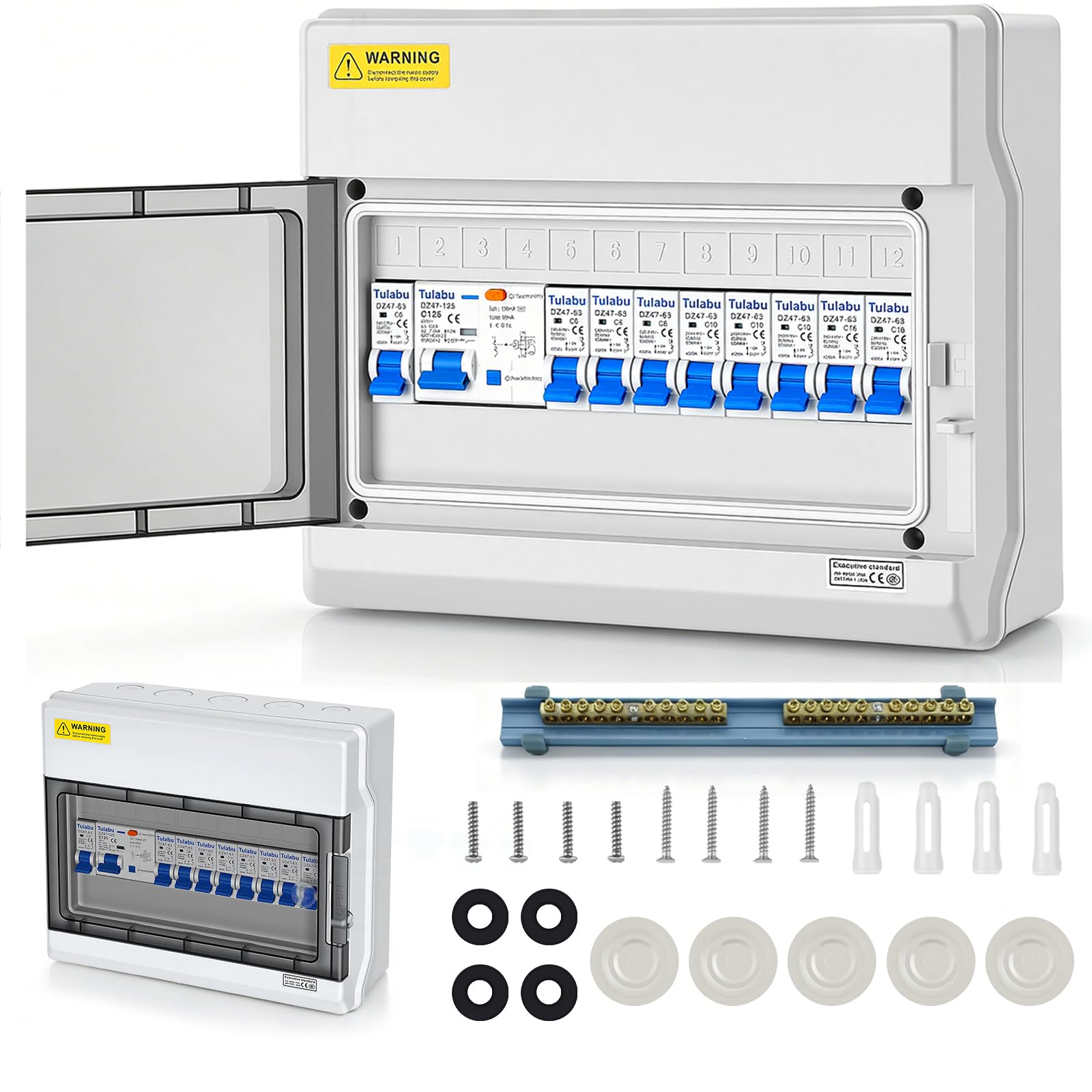 Coffret Électrique Etanche IP65, Tableau de Distribution avec Disjoncteur Différentiel 125A pour Garage, Atelier, Maison, Caravane, 2xC16A 3xC10A 4xC6A