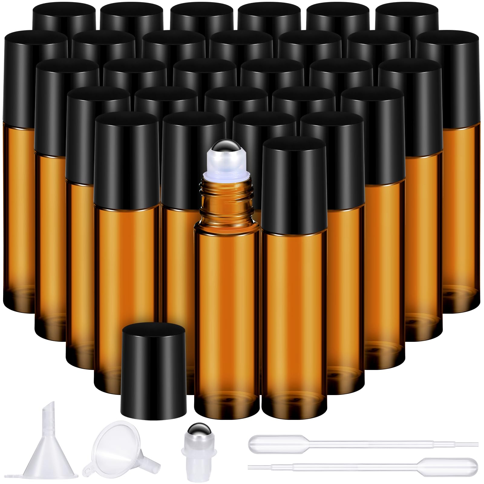 Domensi 30 Pcs Essential Oil Bottles, 10 ml Glass Bottle with Stainless Steel Roller Ball and Cap for Travel, Perfume, Lip Balm, 2 Funnels, 0.5 ml