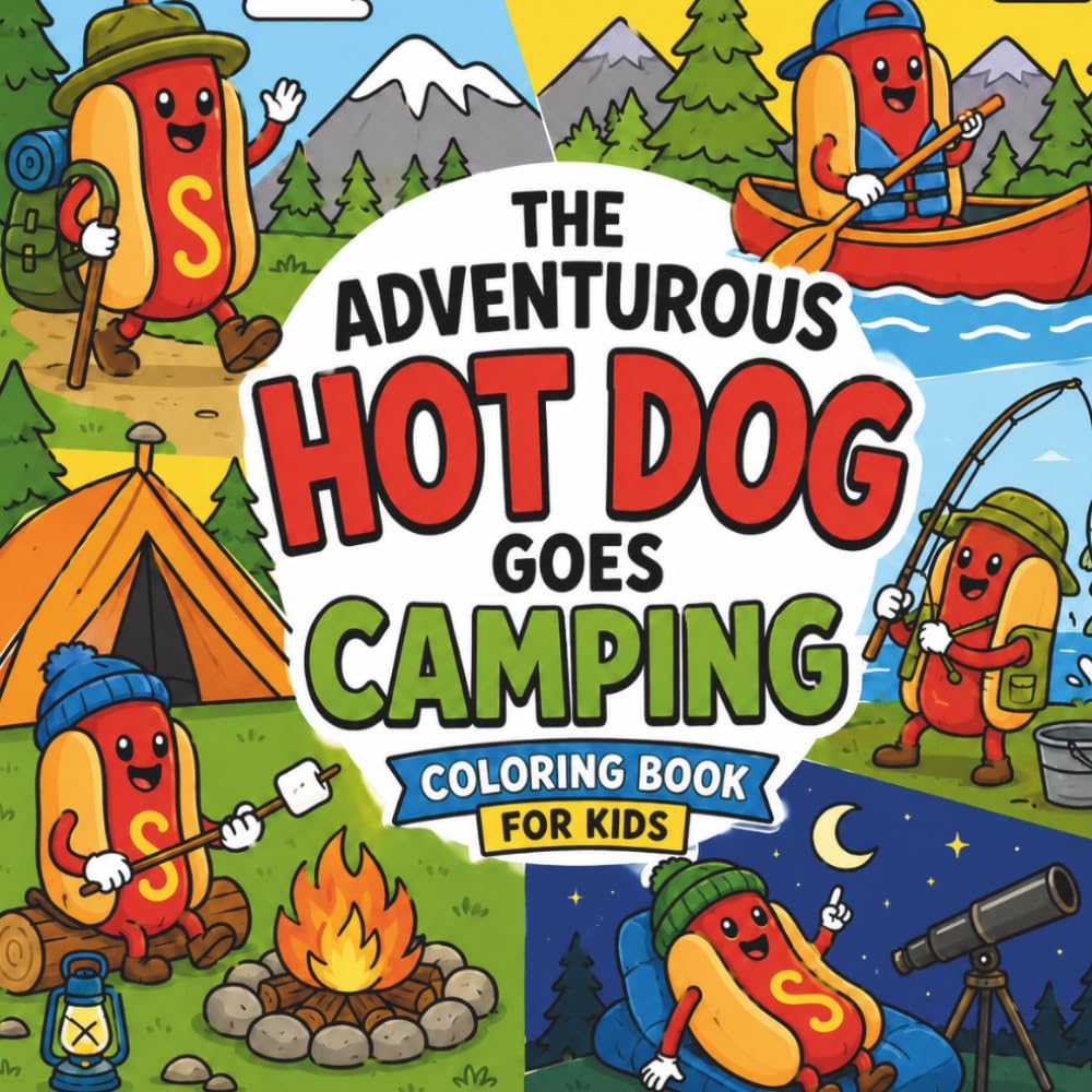 The Adventurous Hot Dog Goes Camping: A Fun Camping Coloring Book for kids Featuring Fishing, Canoeing, Hiking, Campfires, and Stargazing Adventures