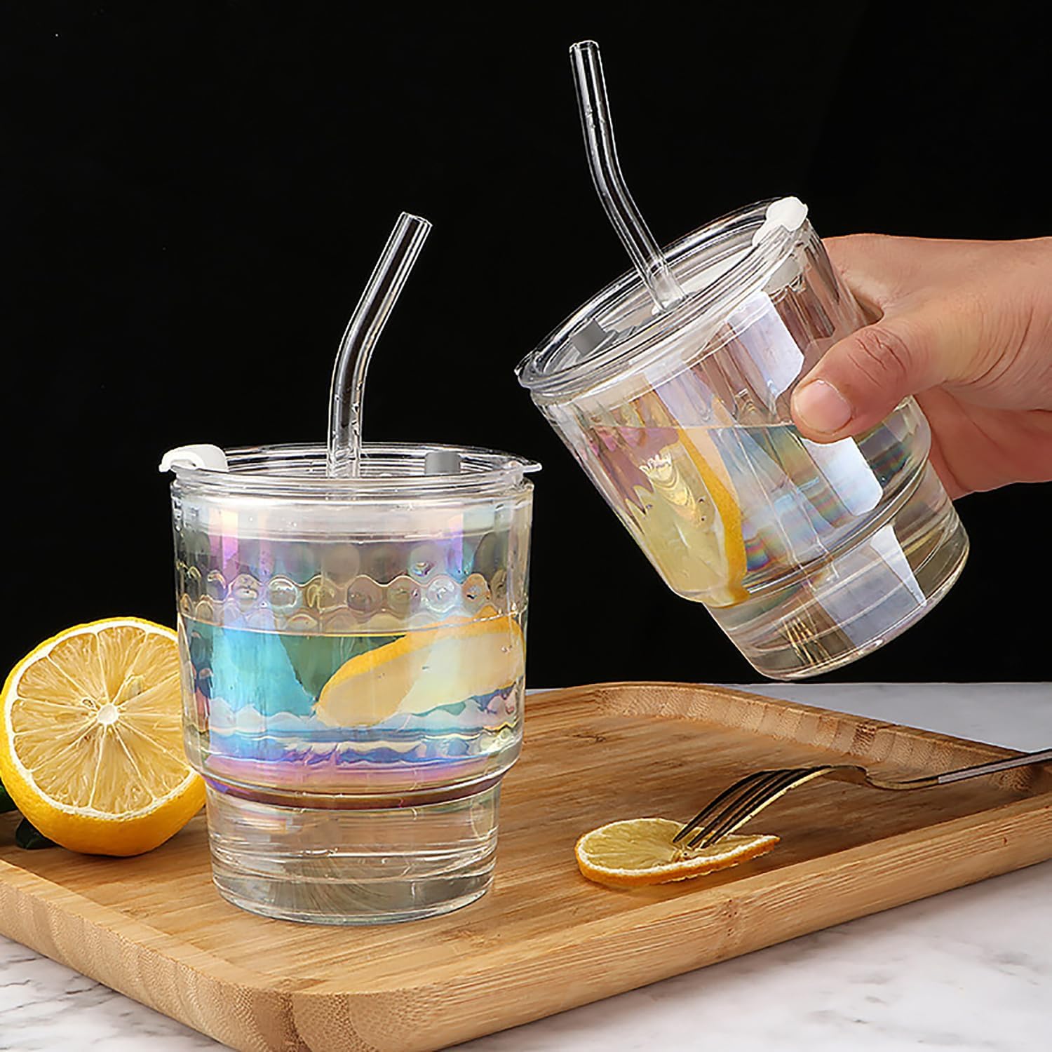 2 Pcs Colorful Glass Cups with Lids and Straws, 13.5 oz Multi Iced Coffee Cups, Thick Wall Glass Tumbler, Cute Coffee Mugs, Drinking Glassware Cups - Image 3