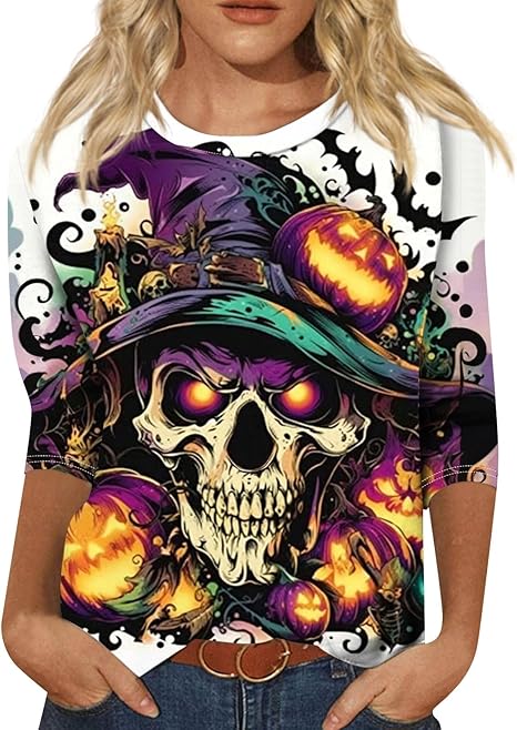 Cute Funny Halloween Shirts for Women Plus Size 3/4 Length Long Sleeve Womens Tops Witch Gothic Renaissance Shirt