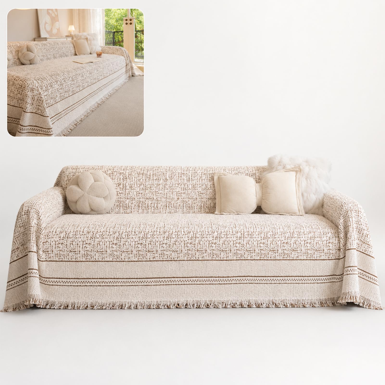 TJKK Boho Chenille Couch Cover for Dogs, Non Slip Sofa Cover, Couch Slipcover Covers for 2/3 Cushion, Furniture Protector with Tassels for Pets Washable (180x380cm,brown)
