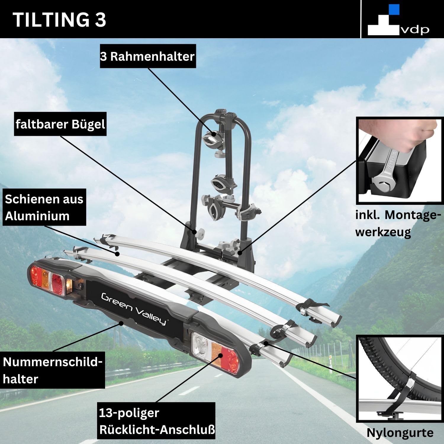 VDP eBike Portabici per rimorchio bicicletta, portabiciclette posteriore – Tilting 3 – Portabici e-Bike per 3 biciclette – Carico 60 kg – Pieghevole sul veicolo – TÜV