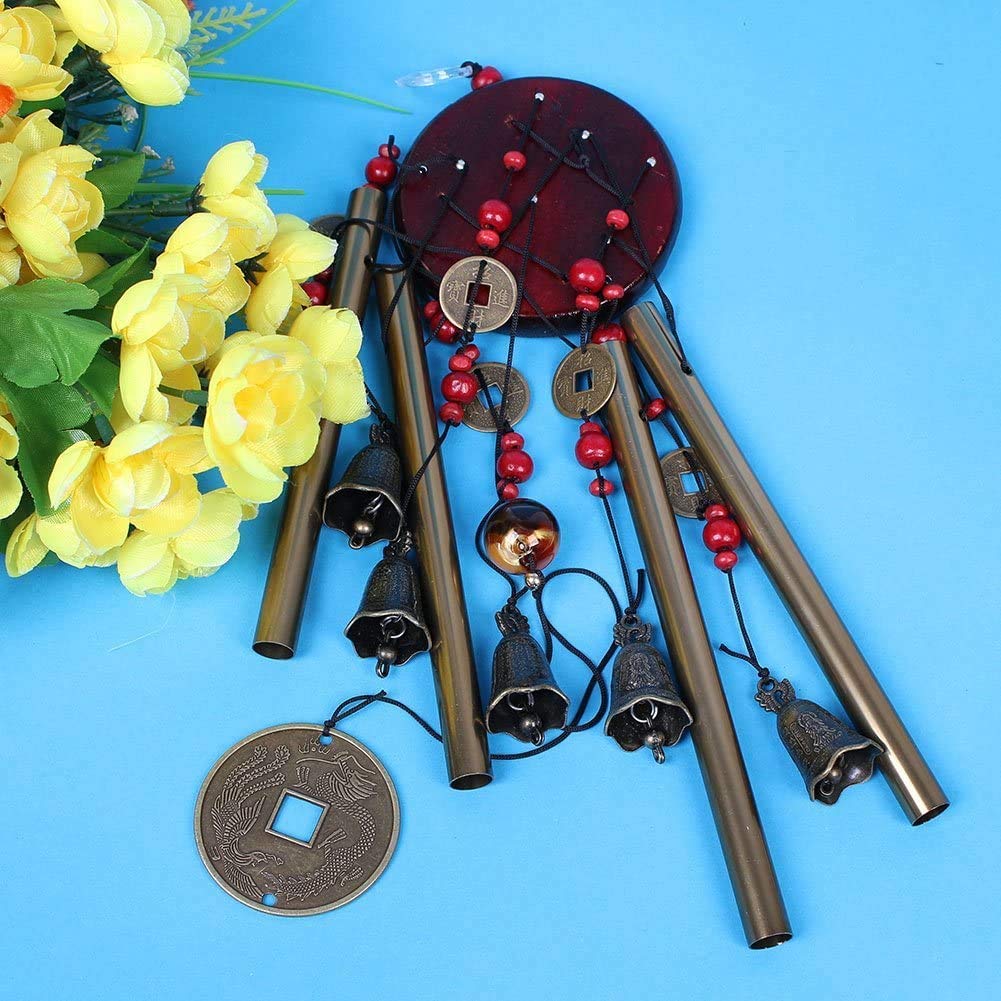 Chianrliu - Campanello a Vento, VI augura la prosperità: Incredibile Tradizionale Cinese, 4 Tubi in Bronzo, 5 Campane e Base in Legno, per Patio Esterno, Giardino e Decorazione Interna