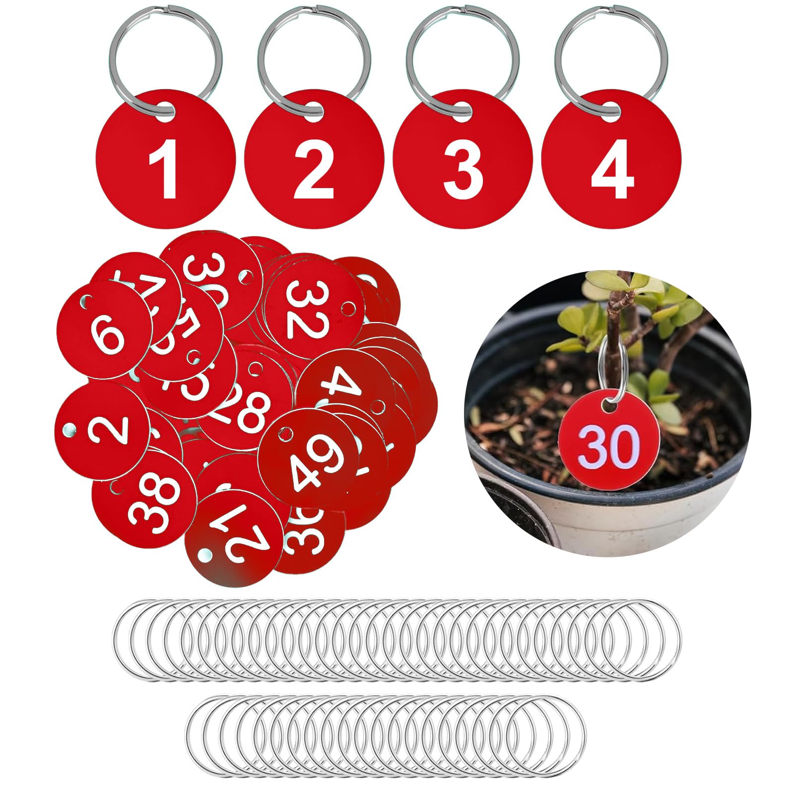 1-50 Numbered Key Rings with Tags, 35mm Round Plastic Table Numbers & Key Fobs for Key Organisation, Home, Office, Lockers, Cabinets (Red, with Metal Rings)