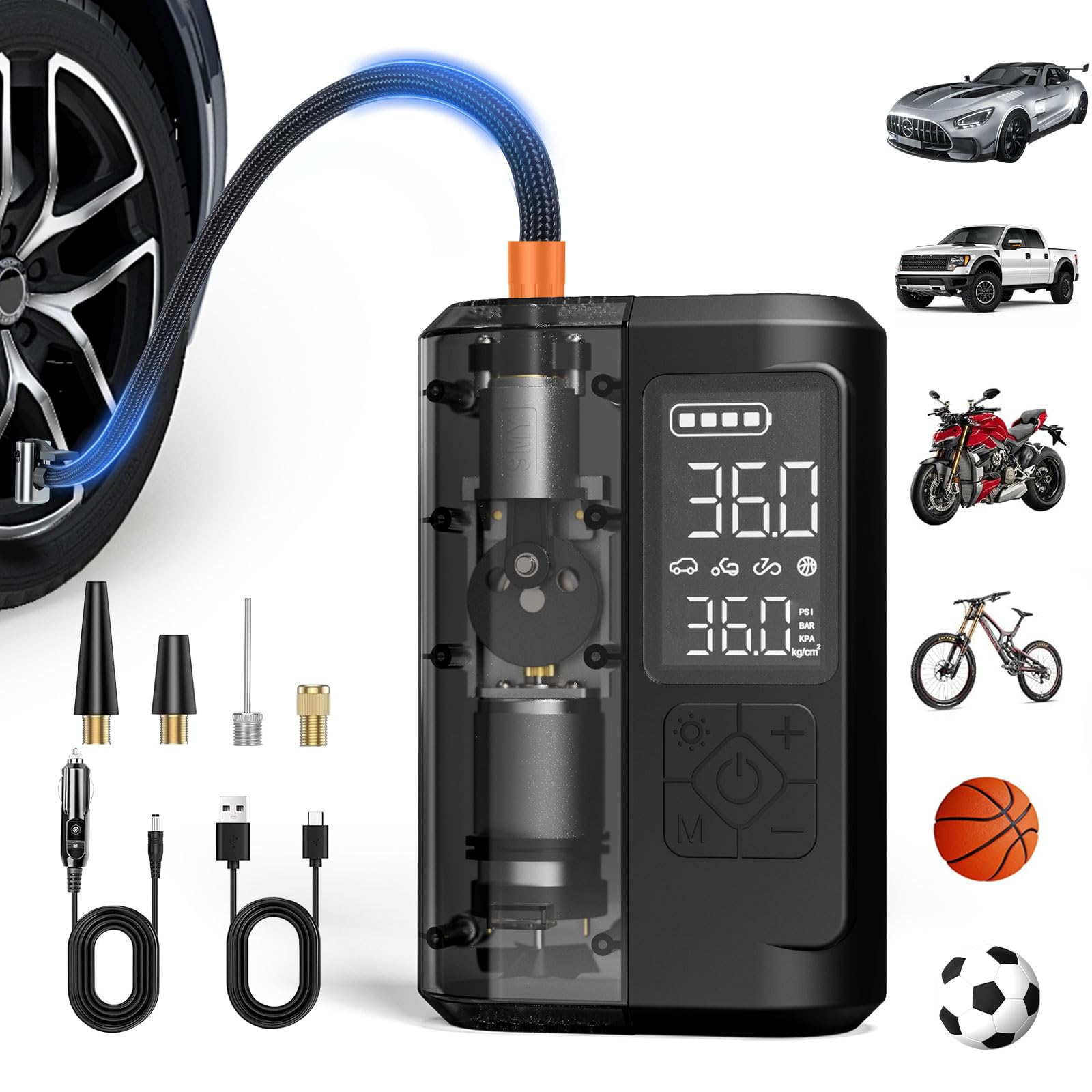 VEIYIE Tire Inflator Portable Air Compressor, 150 PSI Cordless Air Pump for Car Tires, Electric Bike Tire Pump with Digital Pressure Gauge, Dual Lighting Modes for Auto, Motorcycle, Bicycle, Ball