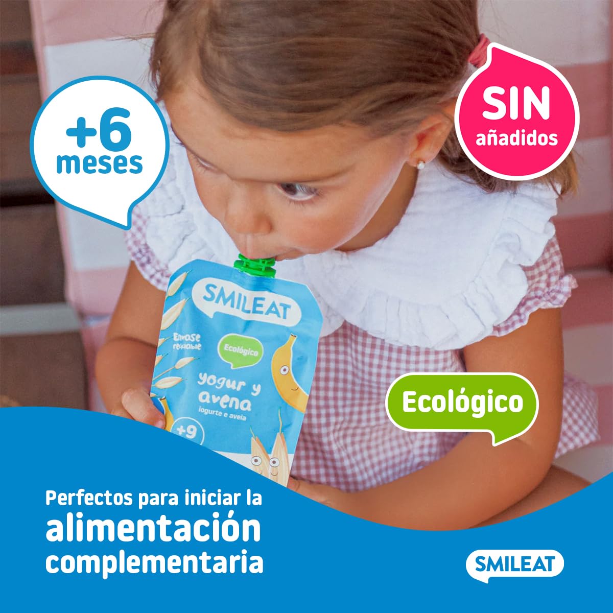 Smileat - Pouch de Frutas Ecológicas - Sin Sal ni Azúcar Añadido, Sin Gluten - Snack Práctico para Peques - Sabor a Yogur Avena