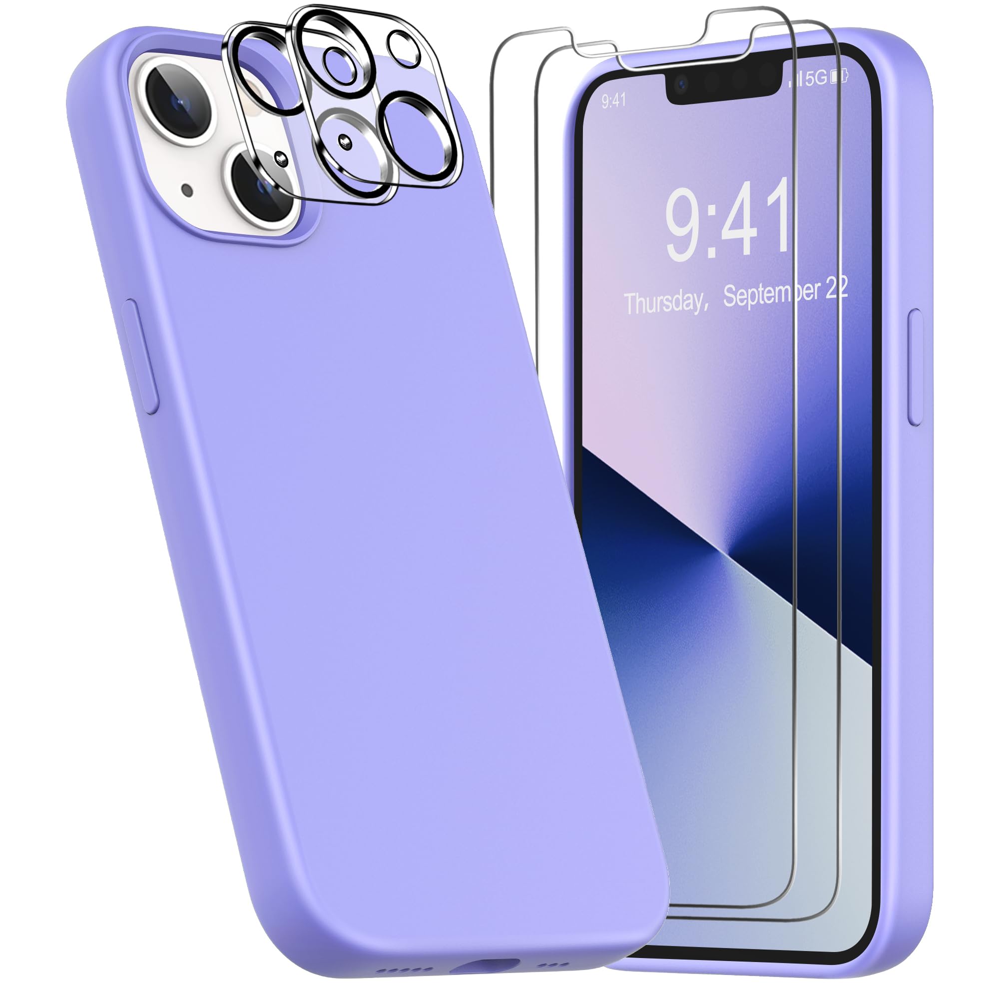 YATWIN [5 in 1 Designed for iPhone 13 Case with 2X Screen Protector + 2X Camera Lens Protector, Liquid Silicone Slim Soft Rubber Shockproof Phone Case Cover for iPhone 13 (6.1") - Light Purple