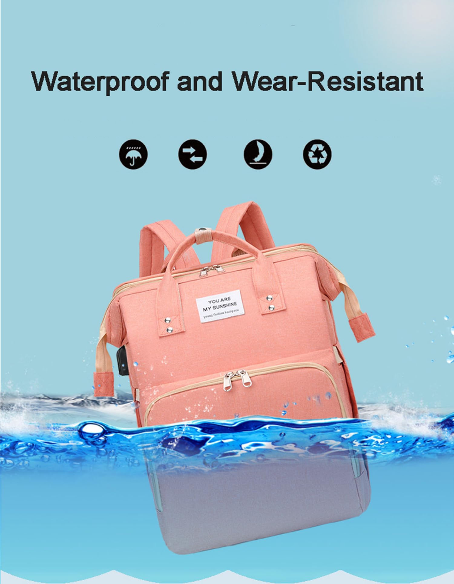 Mochila para pañales con cambiador, cambiador, puerto de carga USB, bolsillos aislados, correas para cochecito