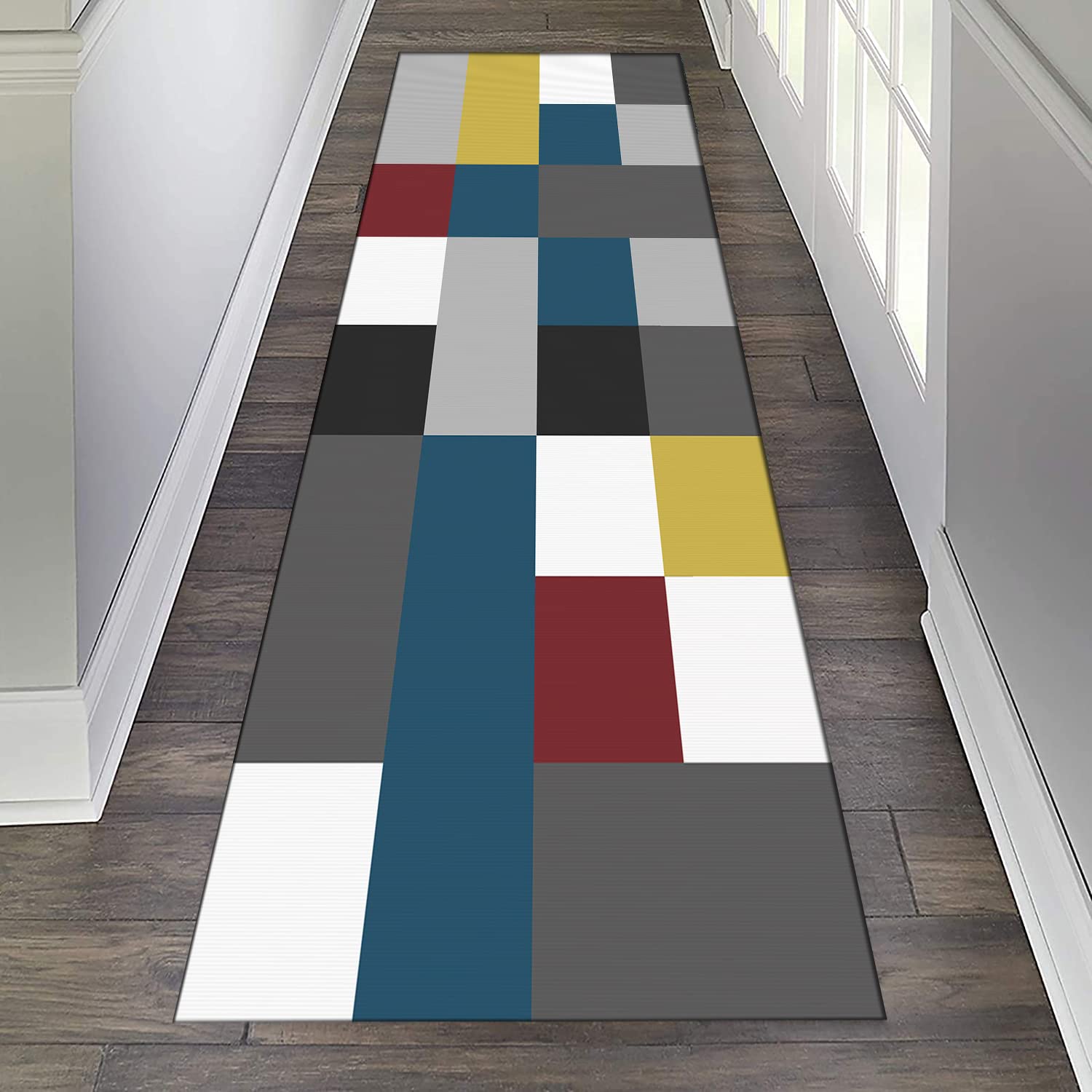 Tapis de couloir moderne rectapiste lavable antidérapant géométrique pour salon