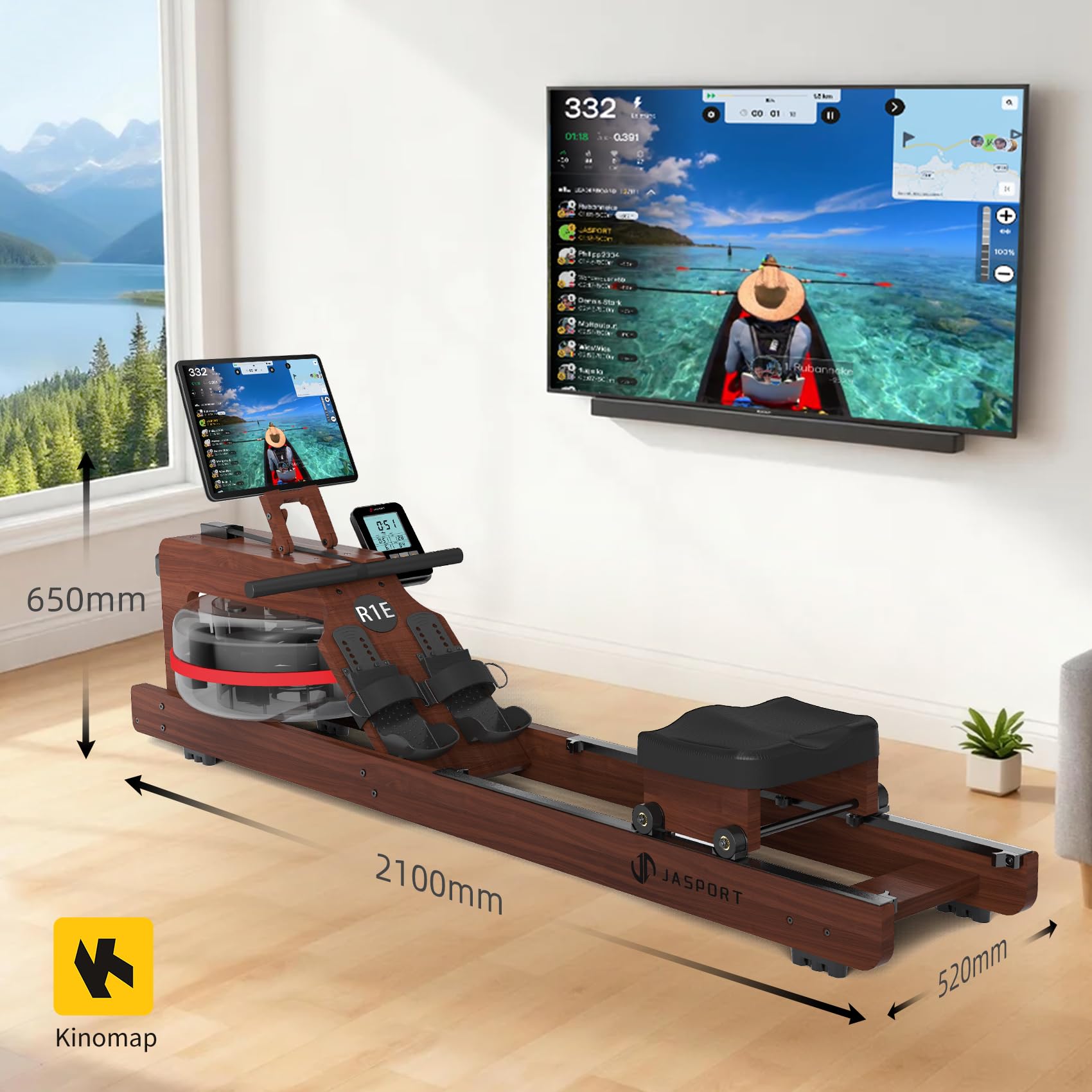 R1E vogatore ad acqua in rovere, serbatoio dell'acqua da 28 l, con paletta da 12 fogli, Bluetooth e display LCD, compatibile con Kinomap APP, supporto per tablet, cyclette silenziosa e