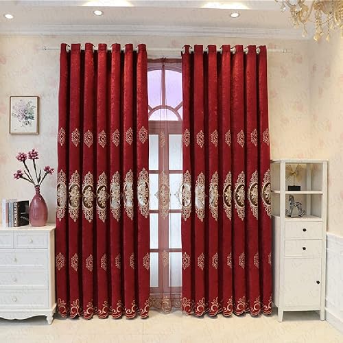 Miniatura 4 de Amidoudou 1 par de cortinas huecas de jacquard de lujo europeas bordadas de felpilla para sala de estar y dormitorio (rojo, 51 x 84 pulgadas)