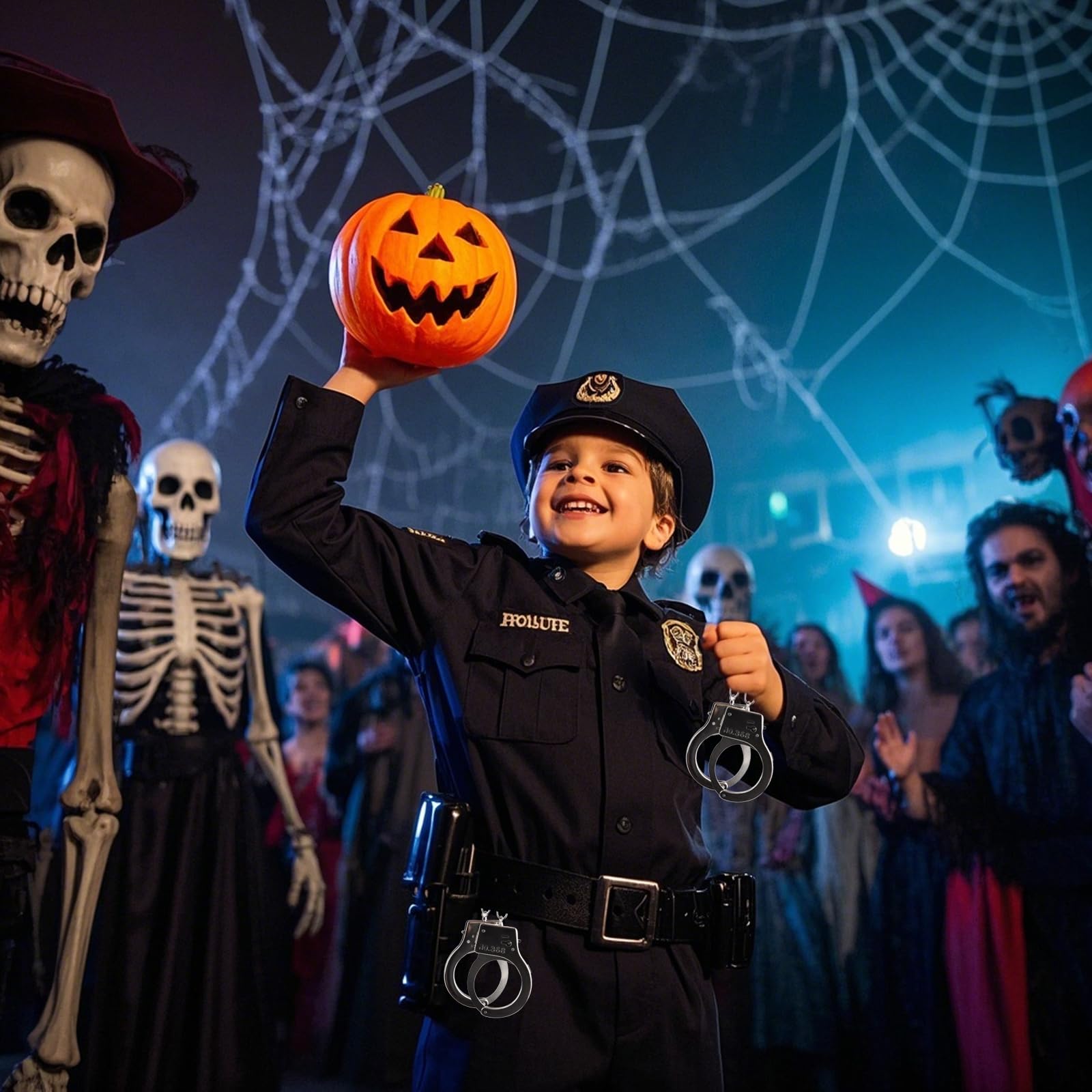 LOMIMOS Kajdanki dla dzieci, srebrne kajdanki z metalu, z kluczem, na Halloween, karnawał, imprezę policyjną