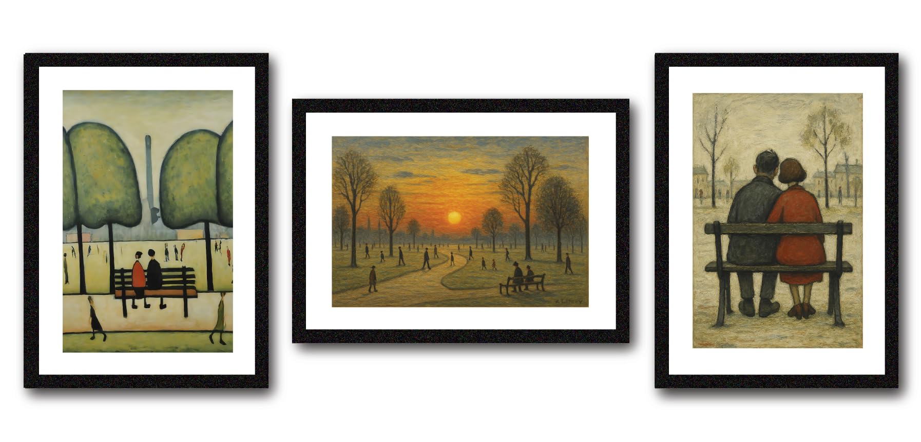 Greetingles Set of 3 Lowry Style Black Framed Art Prints 33 x 24cm New Designs (Set 14)