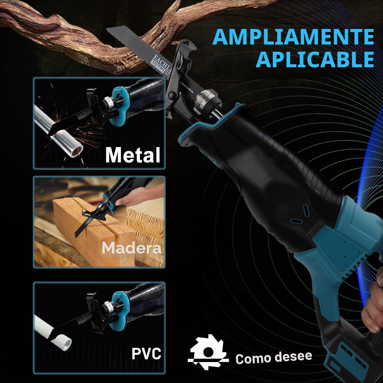 Sierra de sable sin cable compatible con batería Makita 18V, con 4 hojas de sierra, 3500 rpm, sierra eléctrica para madera con velocidad variable para cortar madera, metal y PVC (sin batería)