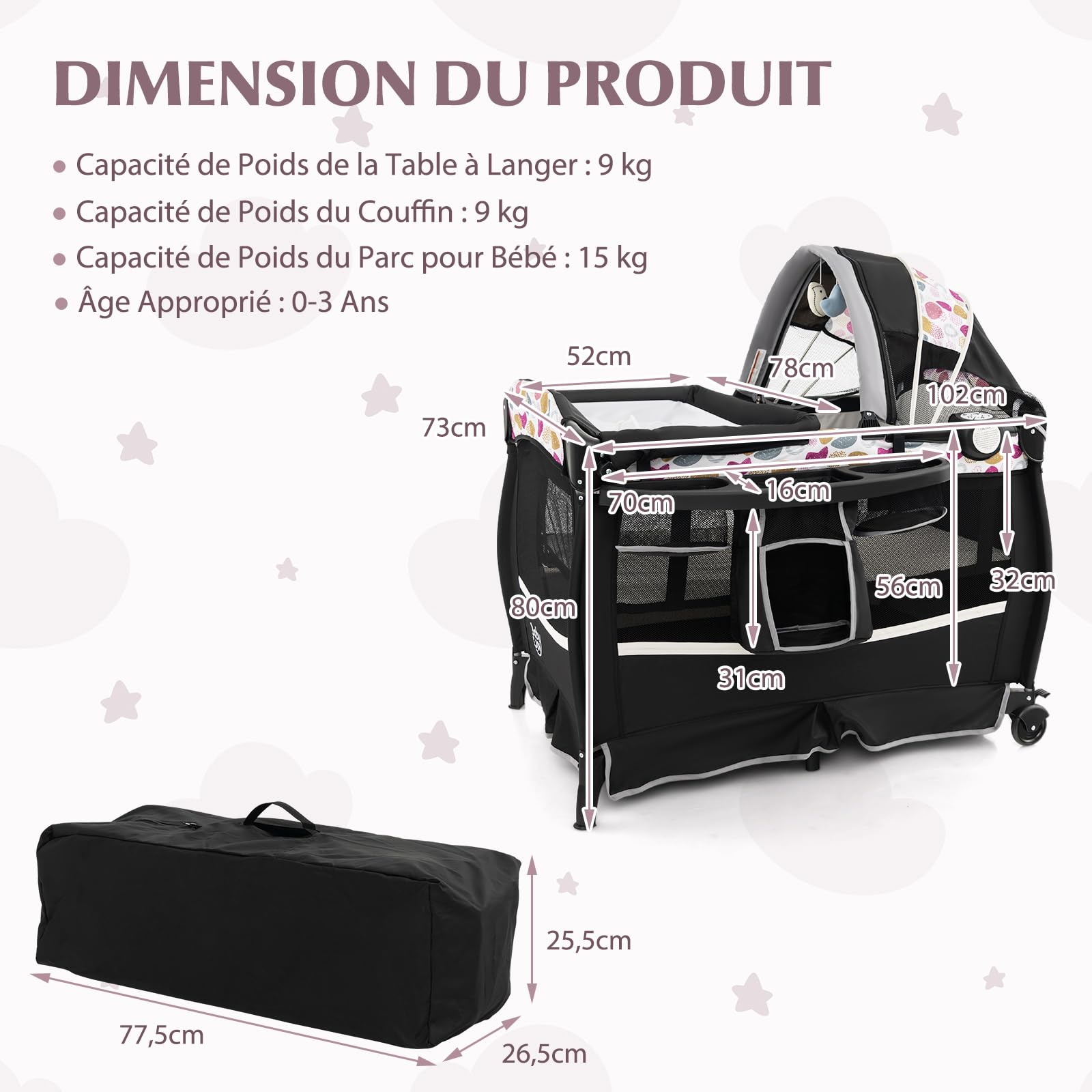 DREAMADE Lit Parapluie Bébé avec Matelas,4 en 1 Lit de Voyage 102x73x80CM Tout-Petites 0-3Ans avec Roues Verrouillables,Auvent Réglable,Poche,Porte-Couches,Sac de Transport (Noir+Cercle)