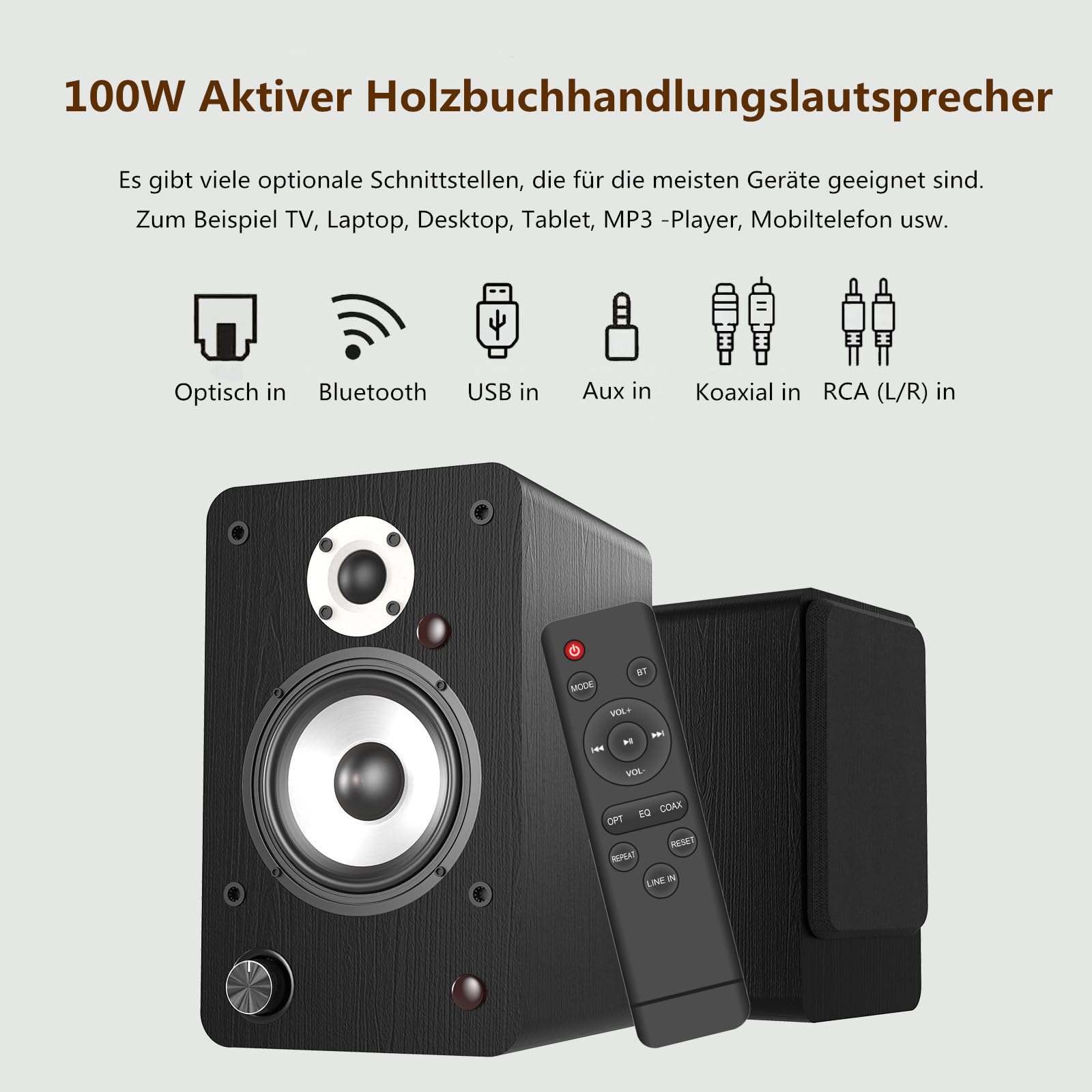 HANLIM Altoparlanti Diffusori da Scaffale Active Bluetooth - Casse Attive Amplificate Coppia - Ingresso Ottico,USB,AUX,Coassiale,RCA - Struttura in Legno - 100 Watts RMS - Nero