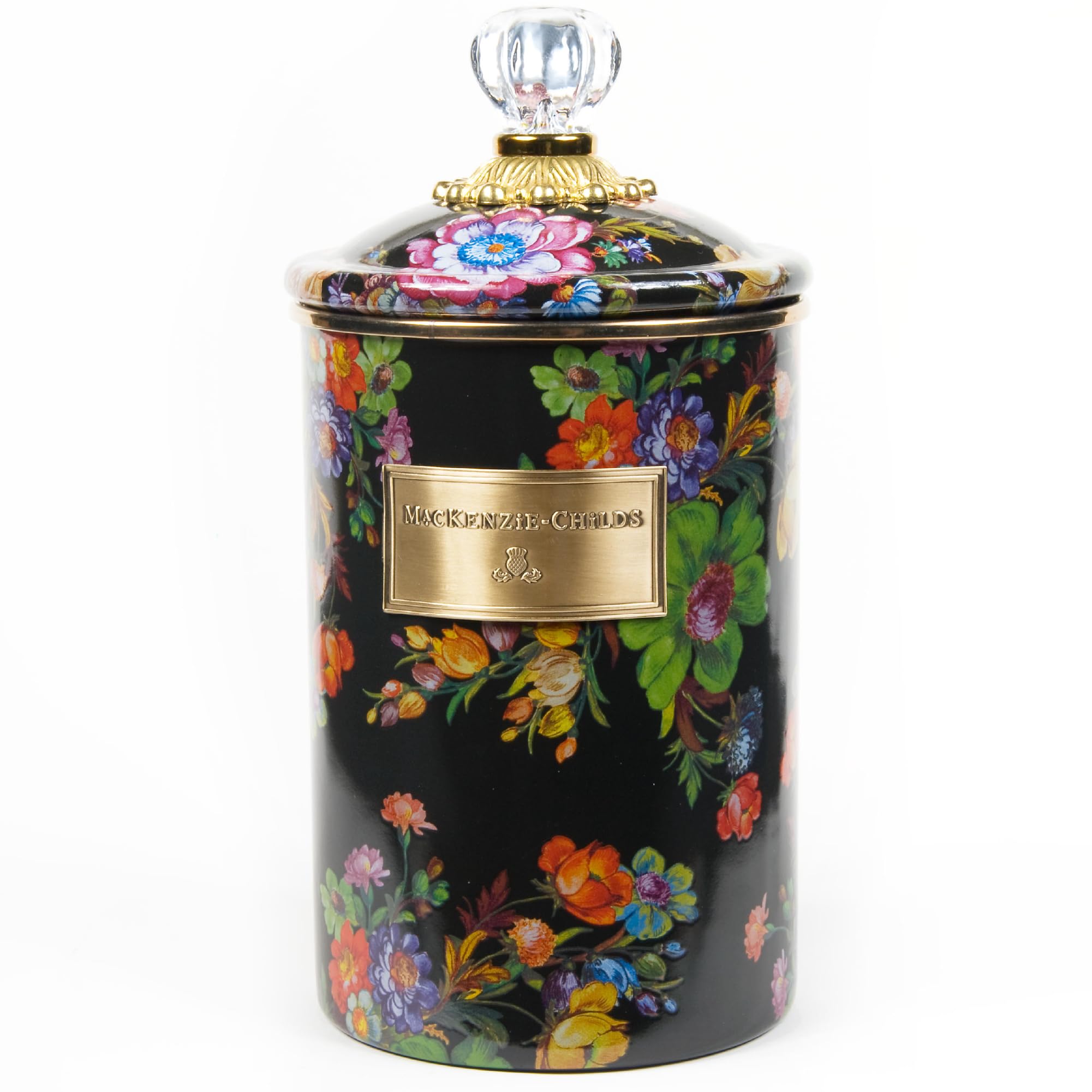MACKENZIE-CHILDS Black Flower Market Enamel Canister, Floral Kitchen Storage Container with Lid, Large