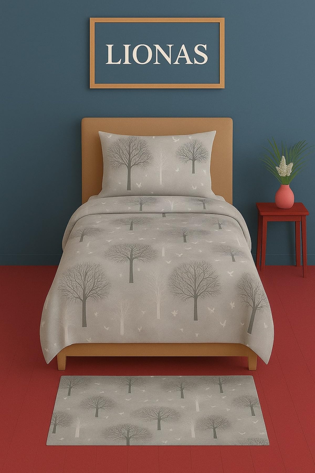Ezgi Tek Kişilik Desenli Nevresim Takımı, 155 x 230 cm, Gri, Kapaklı Yastık Kılıfı Dahil