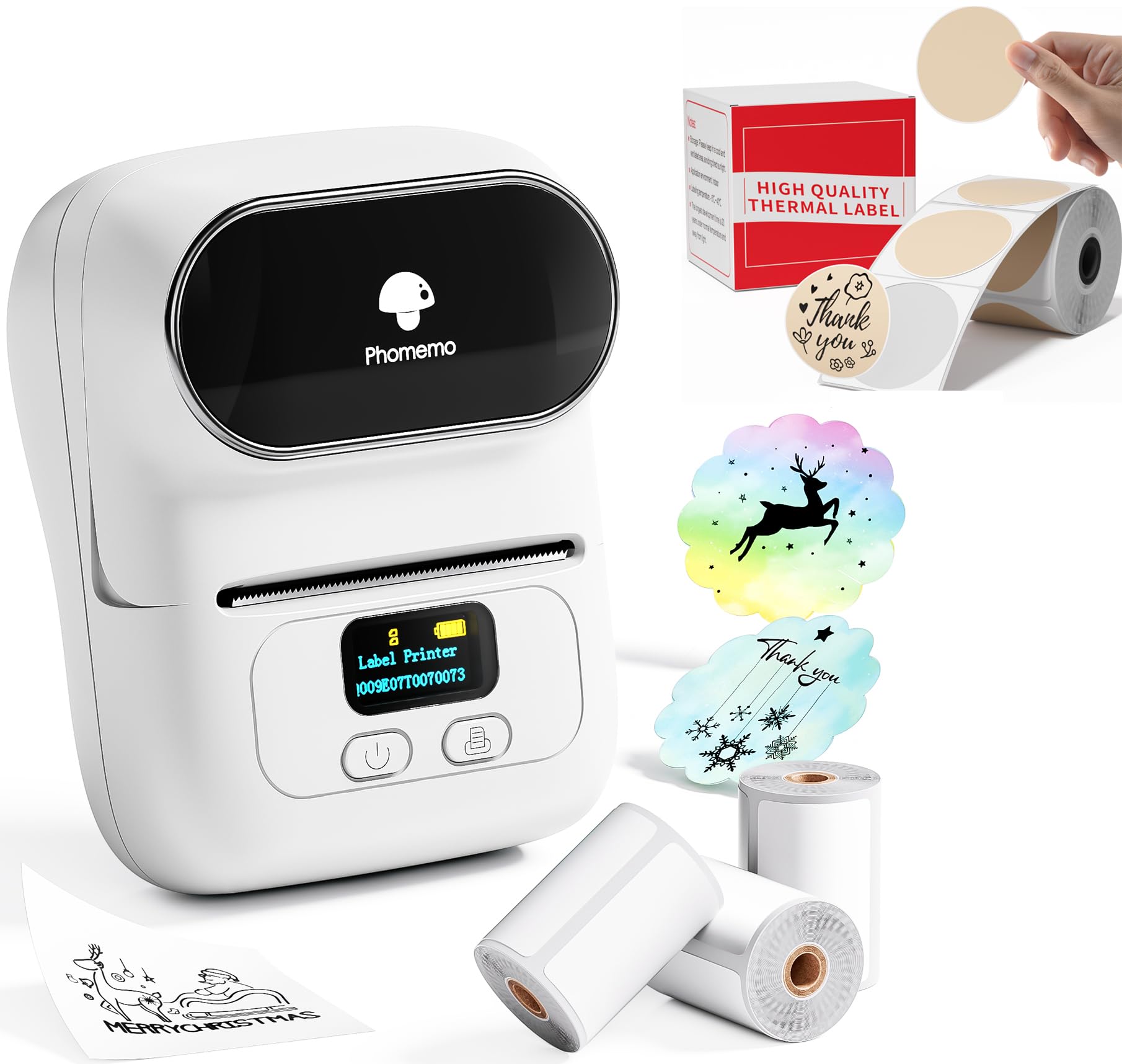 Phomemo M110 Etichettatrice Scatola regalo con 4 rotoli di etichette, stampante termica portatile Bluetooth per etichette adesive, per uso in ufficio, codici a barre, piccole imprese, negozi