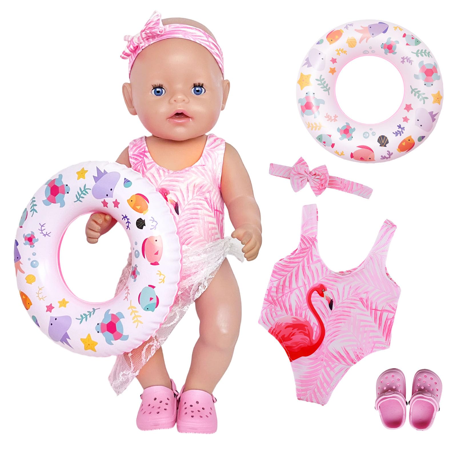 5 Pcs Swimsuit Set for 14–17 Inch Dolls, Flamingo Themed Design, Includes A Headband, One-Piece Swimsuit, Skirt, Swim Ring and Slippers, Presents for Children (Doll not Included)