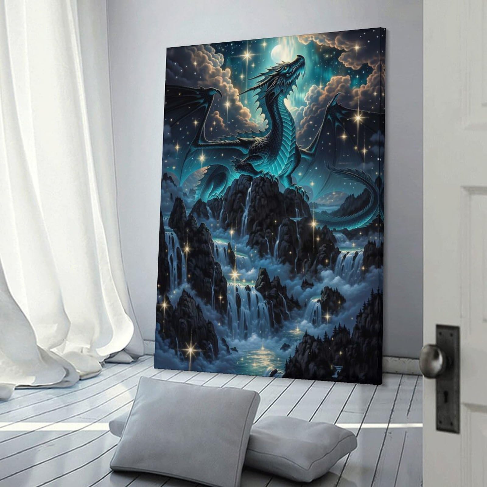 Junmoney Frame-Style-23 Dragon Over Waterfalls Under Starry Sky Room Decor Wall Art 16X24inch(40X60cm), For Entrance Walls, Hall Decor Or Foyers, A Neat Decor Update For Hallways
