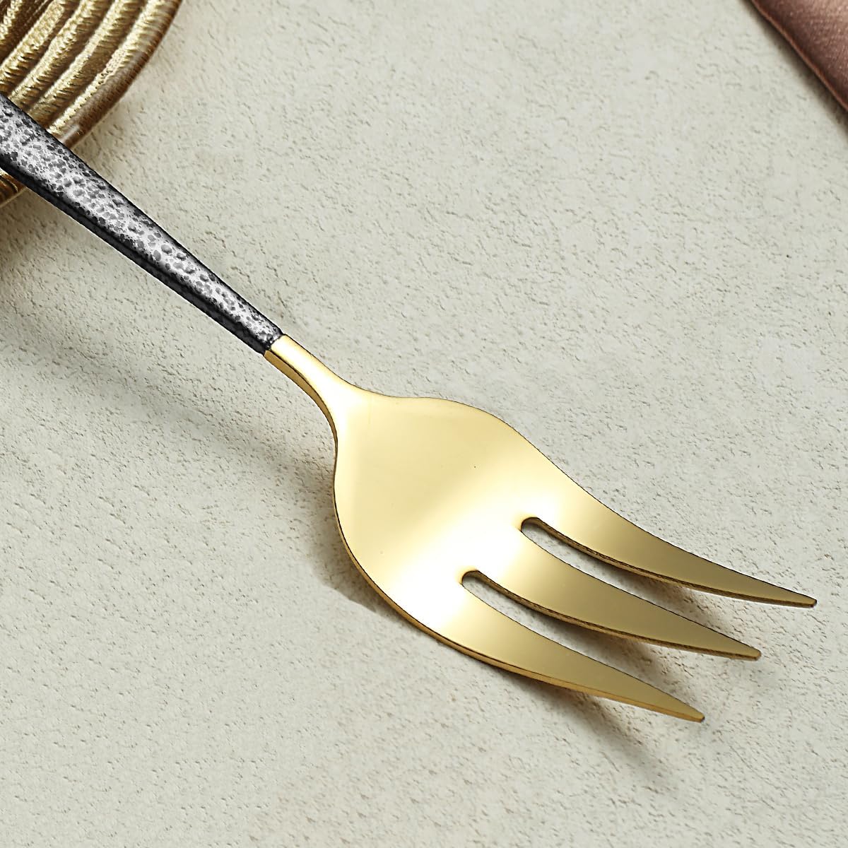 Gold Cold Meat Fork 1 Piece, With Black Mars Handle, Stainless Steel Forks Silverware Set, Kitchen or Restaurant, Meat Fork for Home