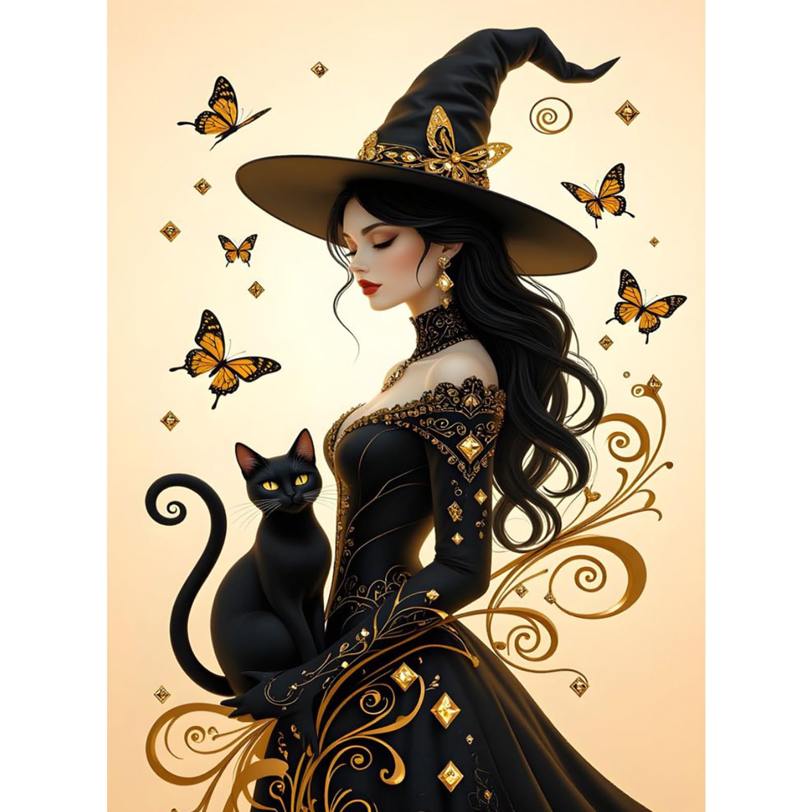 EOBROMD Witch Diamond Art Kits Adults Beginners, Black Cat Round Drill DIY Diamond Painting Kit, Arts and Crafts Crystal Gem Art, Halloween Gifts for Home Wall Decor 12x16inch/30x40cm