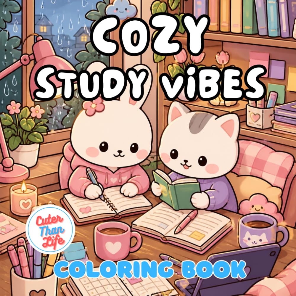 Cozy Study Vibes Coloring Book: 40 Images | 8.5x8.5 | Cute & Comfy with Candles, Affirmations, and Relaxing Vibes | Mindful Coloring and Stress Relief ... and Seniors (CuterThanLife Coloring Books)