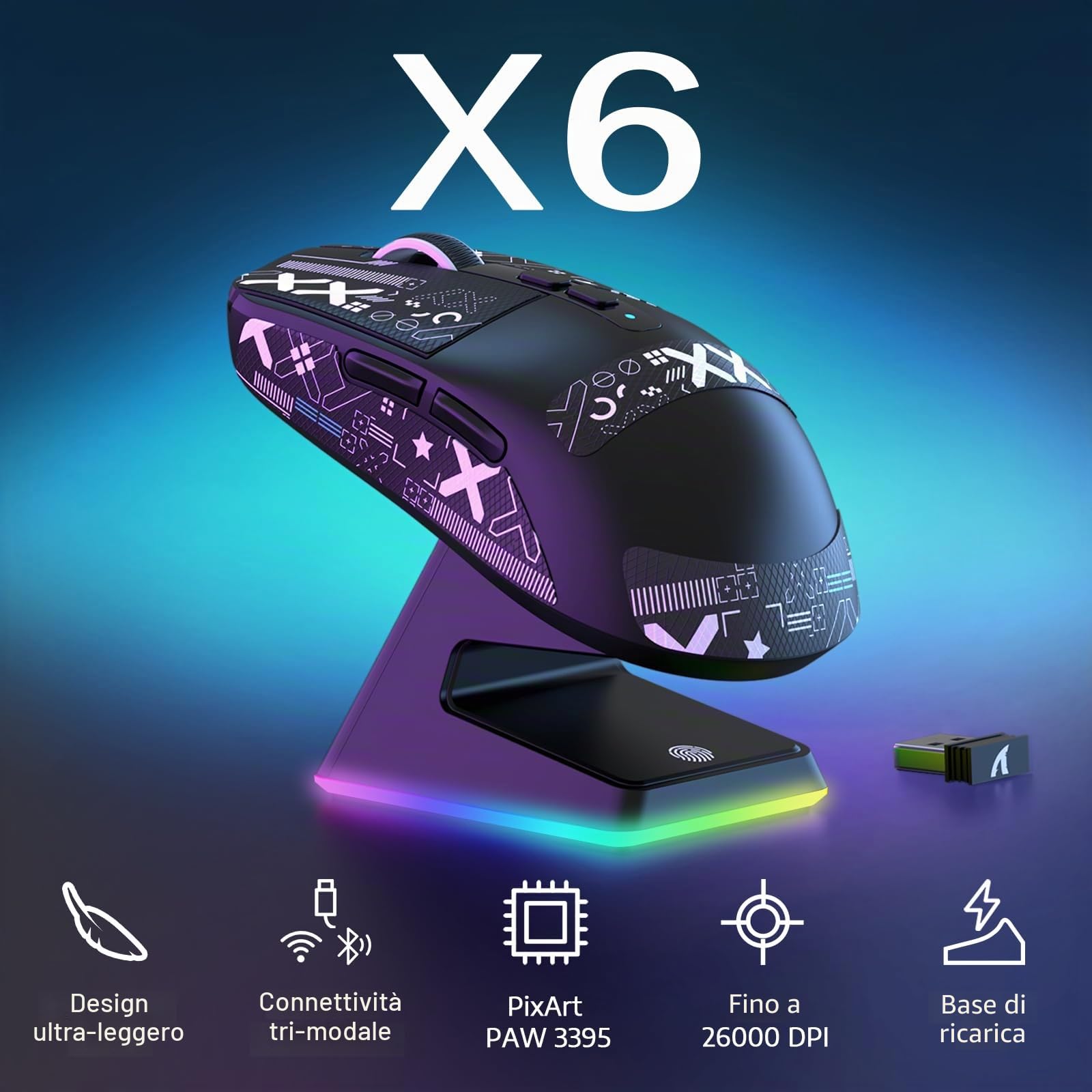 VGN GAMEPOWER ATTACK SHARK X6 SUPERLIGHT Mouse Gaming Wireless con Station di Carica, 49g Ultraleggero Mouse da Gioco G502, 26000DPI, PixArt PAW3395, 2.4G/Bluetooth/Cablato, Mouse Grip Tape, Nero